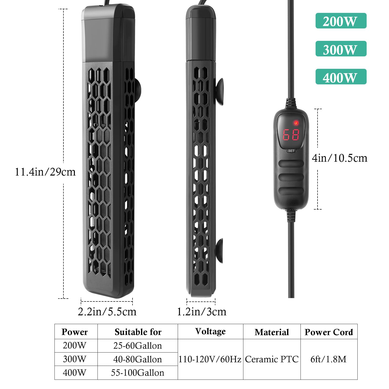 HITOP 400W Aquarium PTC Heater with Controller: Digital Heater for Fish Tank and Turtle Tank 55-100Gallon, Sturdy Heater with Re