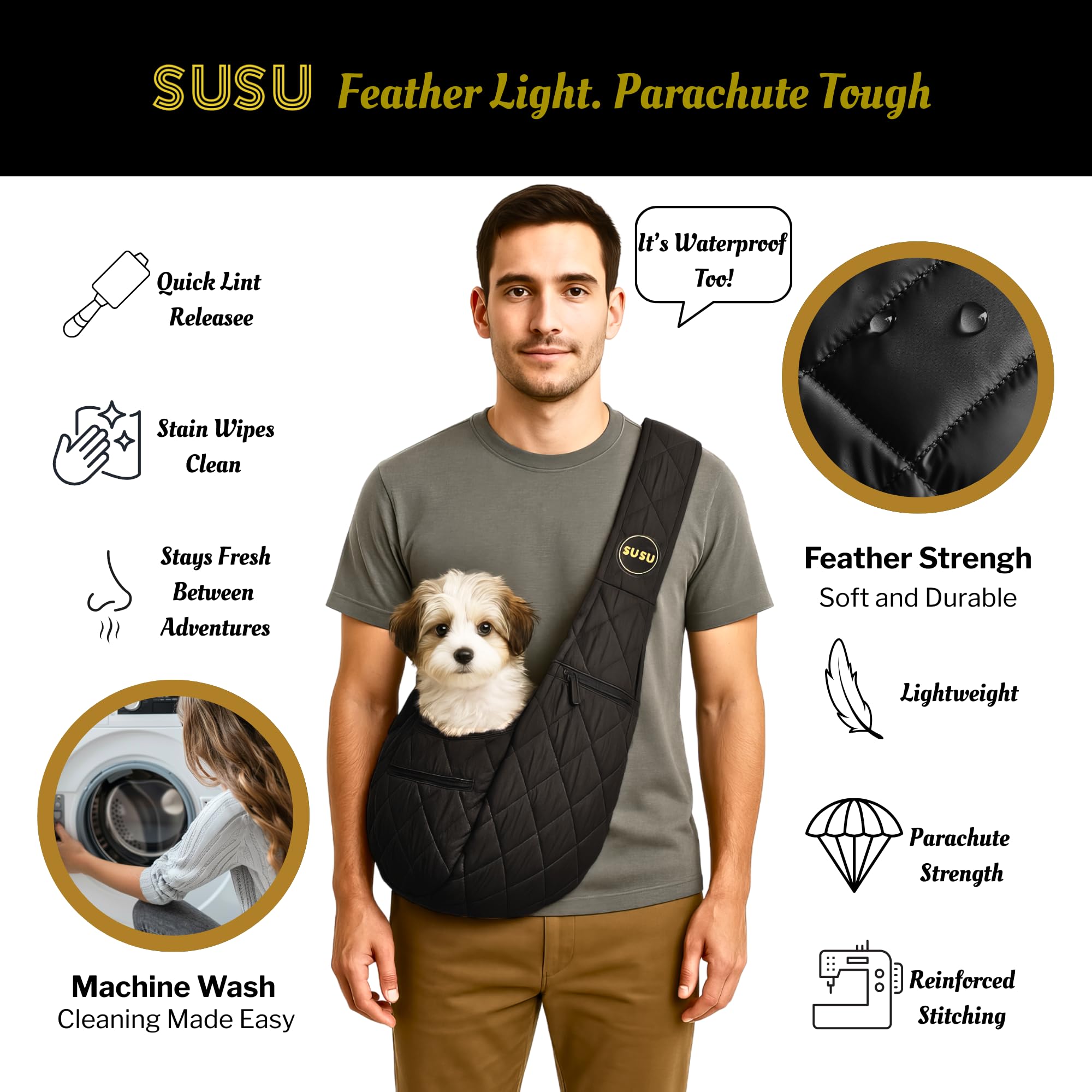 Susu Pet Co. Cat Sling Carrier - Hands-Free Cat Sling & Small Dog Carrier Sling Bag Up To 10 Lbs, Parachute-Grade Nylon, 4 Wide