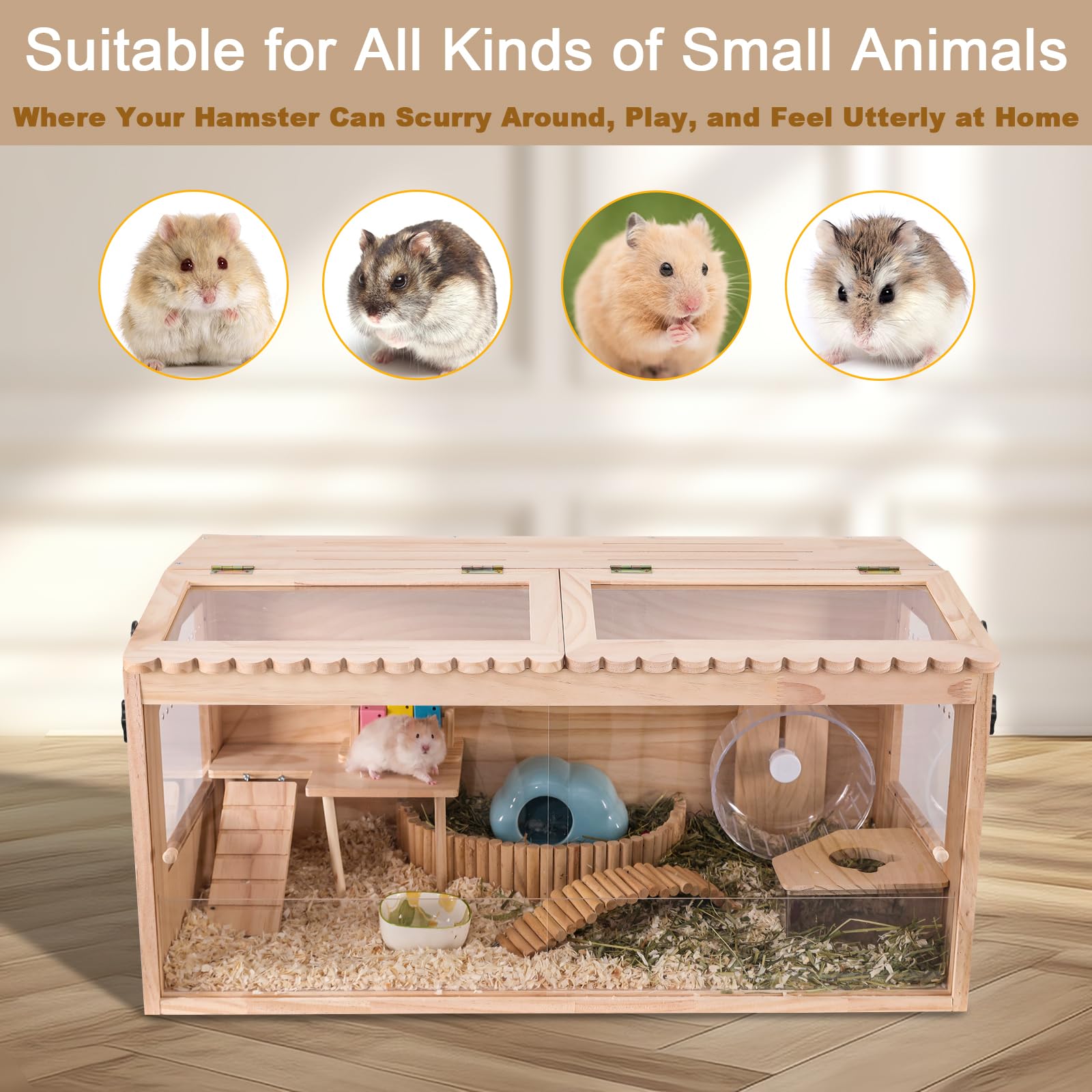 Wooden Hamster Cages And Habitats, 48'' Guinea Pig Cage, Small Animal Cage For Dwarf Syrian Hamsters Degus Mice & Other Small Pe