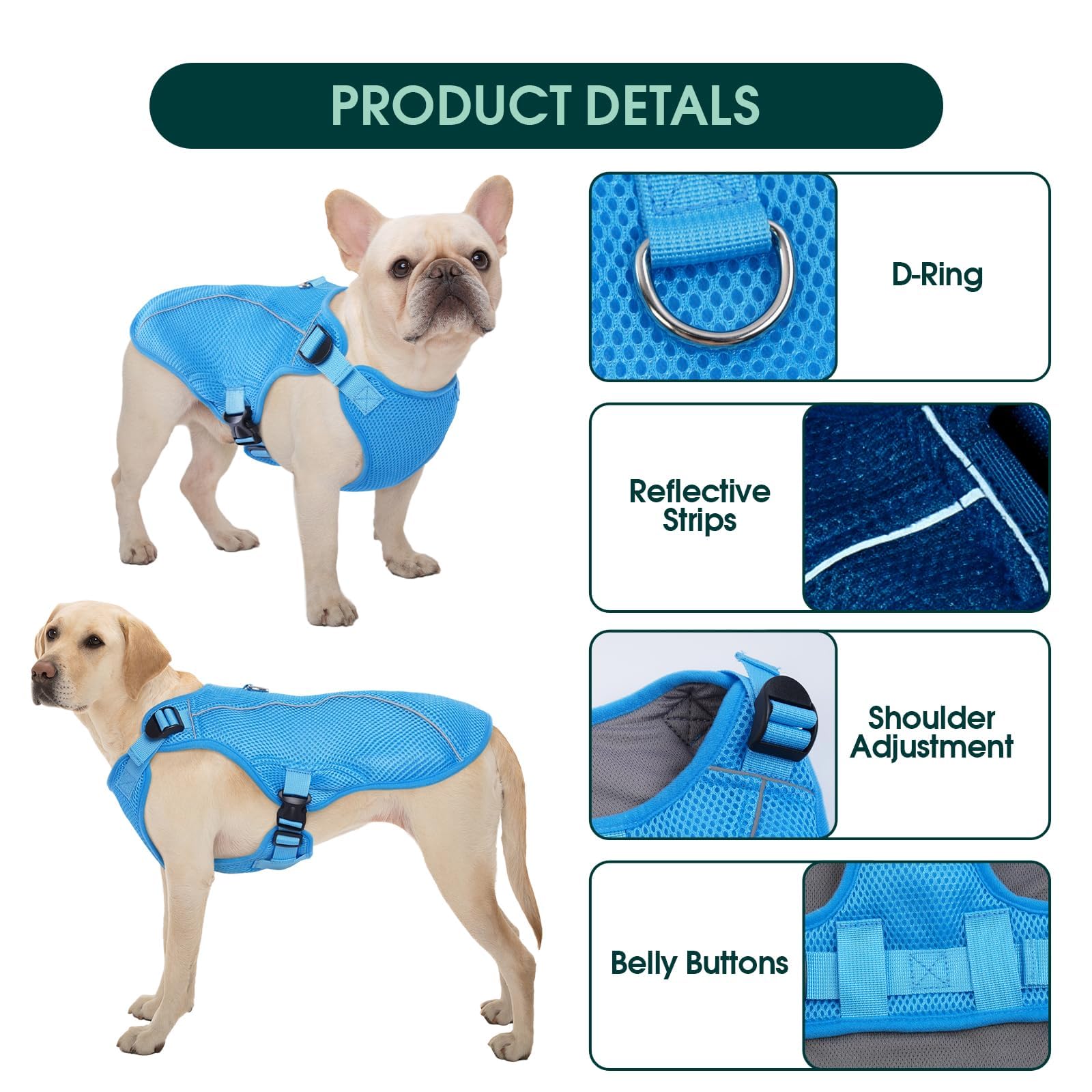 Kuoser Dog Cooling Vest Harness, Medium Dog Cooler Jacket With Adjustable Buckle For Outdoor Beach, Hiking, Training Blue L
