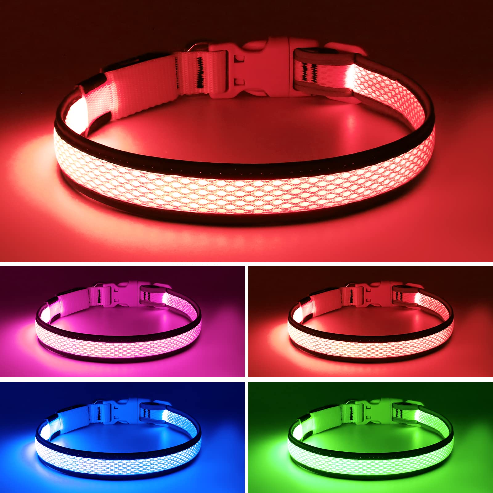 Flashseen Led Dog Collar, Usb Rechargeable Light Up Dog Collar Lights, Adjustable Comfortable Soft Mesh Safety Dog Collar For Small, Medium, Large Dogs(Large, Ruby Red)