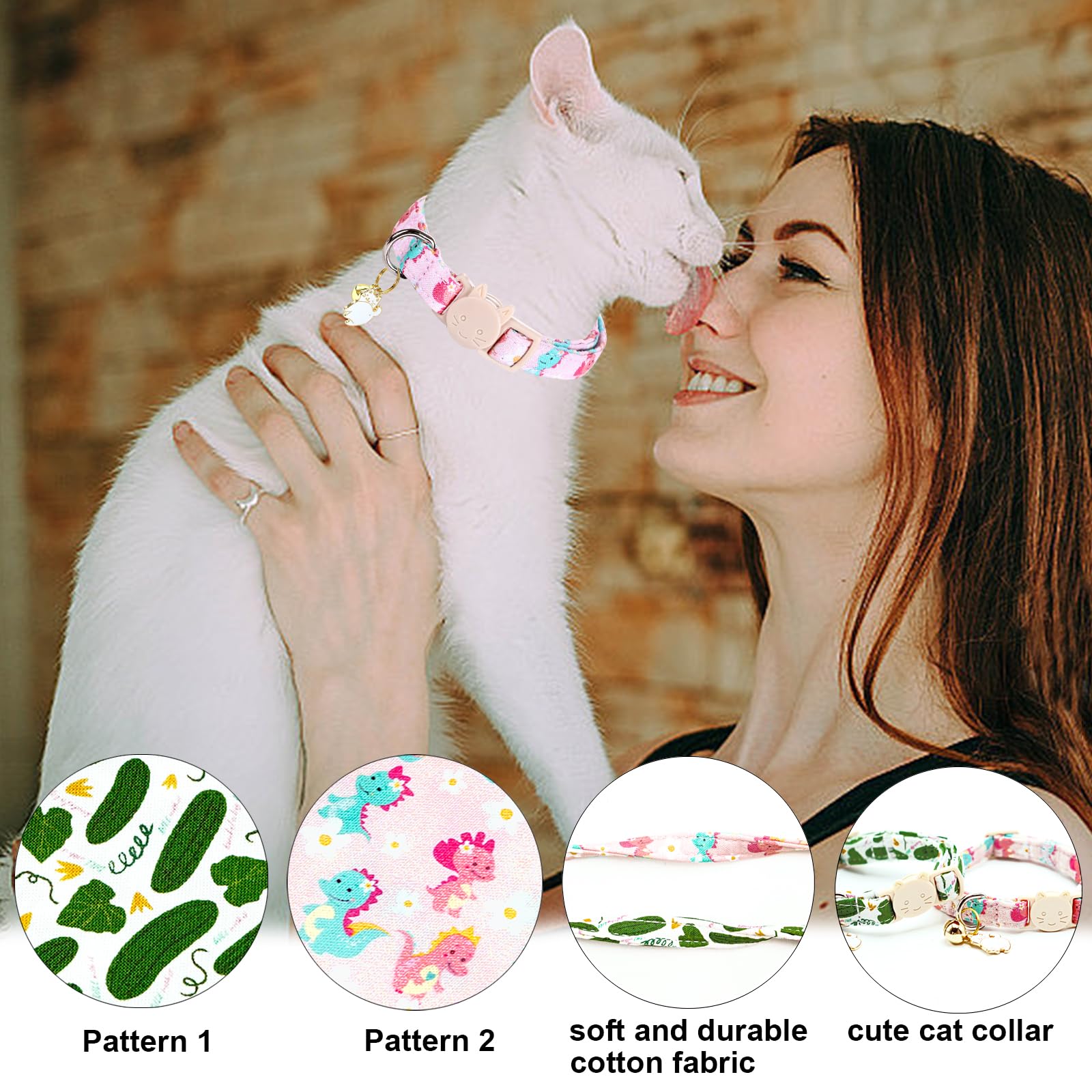 Lionheart Glory 2 Pack Cat Collar Breakaway With Bell & Pendant Dinosaurs Cucumbers Print Kitten Collar Soft Adjustable Safety C