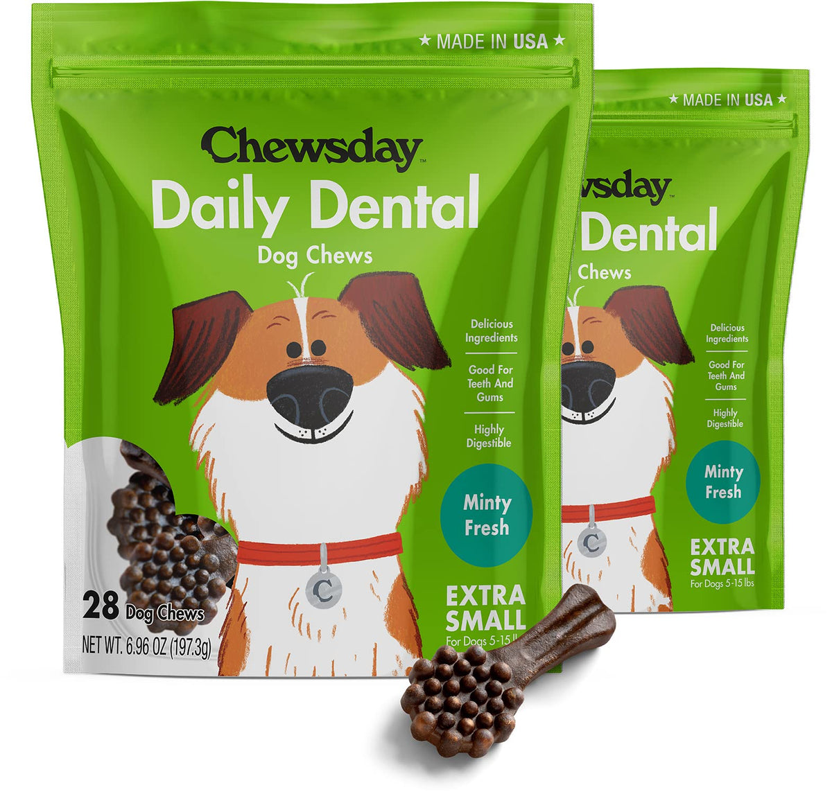 Chewsday Medium Minty Fresh Daily Dental Dog Chews, Made In The Usa, Natural Highly-Digestible Oral Health Treats For Healthy Gums And Teeth - 28 Count