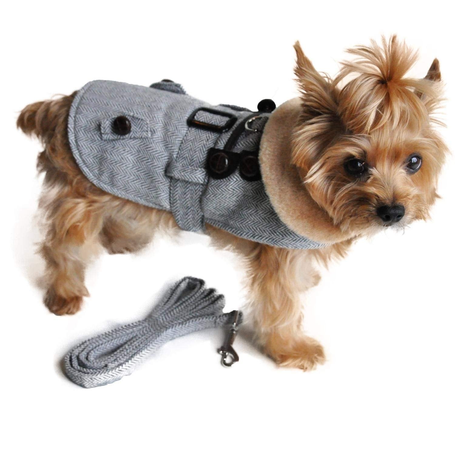 Doggie Design Grey Herringbone Dog Coat (Wool/Polyester) With Matching Leash