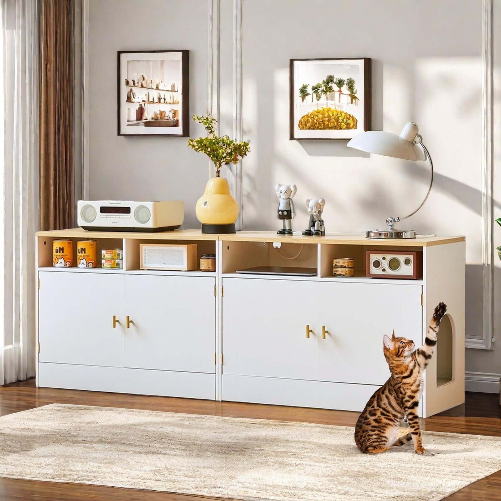 JanflyHome Cat Litter Box Enclosure for 2 Cats, TV Stand with Storage & Outlet, 63  Double Litter Box Enclosure Furniture, Woode