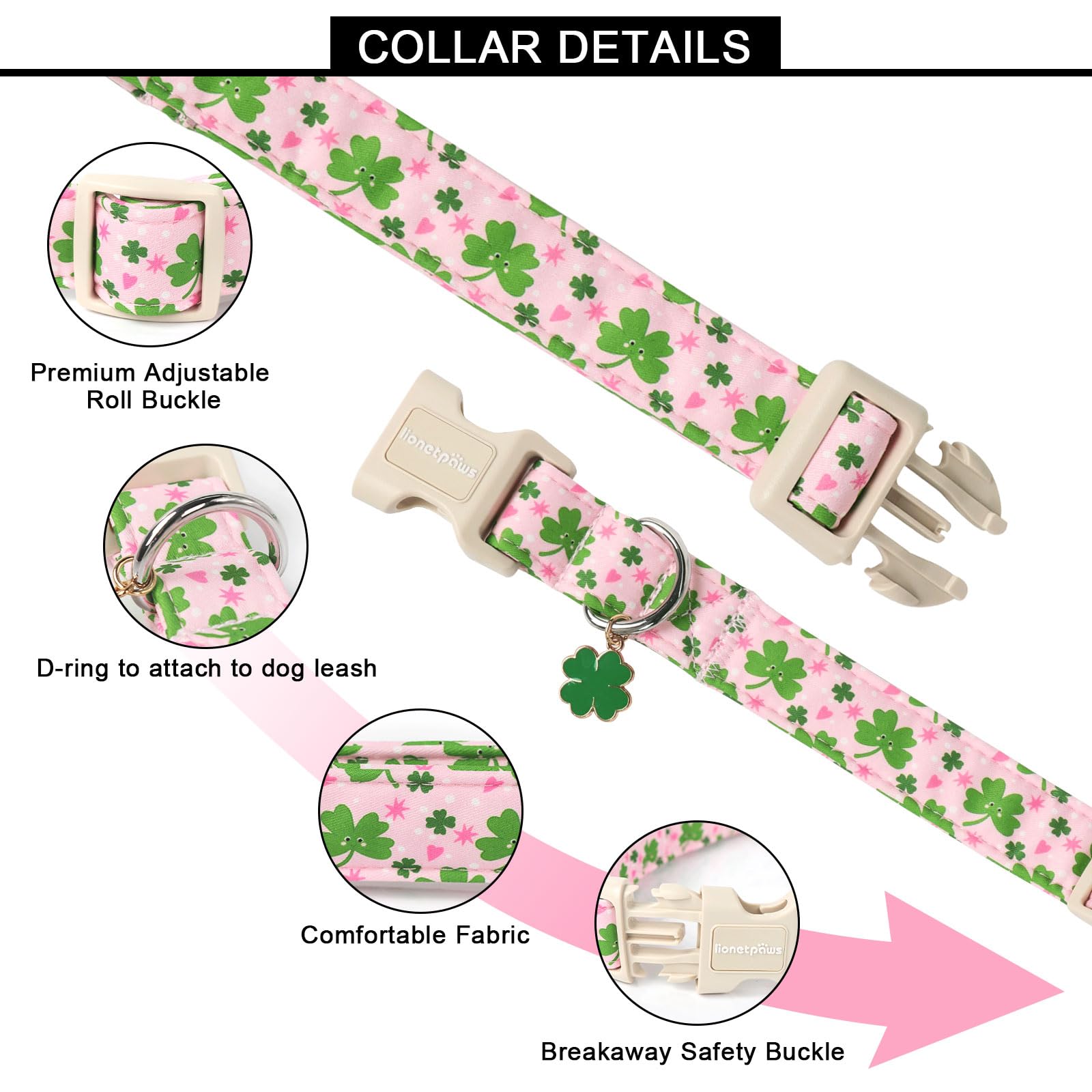 Lionet Paws St. Patrick Dog Collar- Cute Clover Pink Dog Collars With Plastic Buckle, Light Adjustable Dog Collars With Clover P