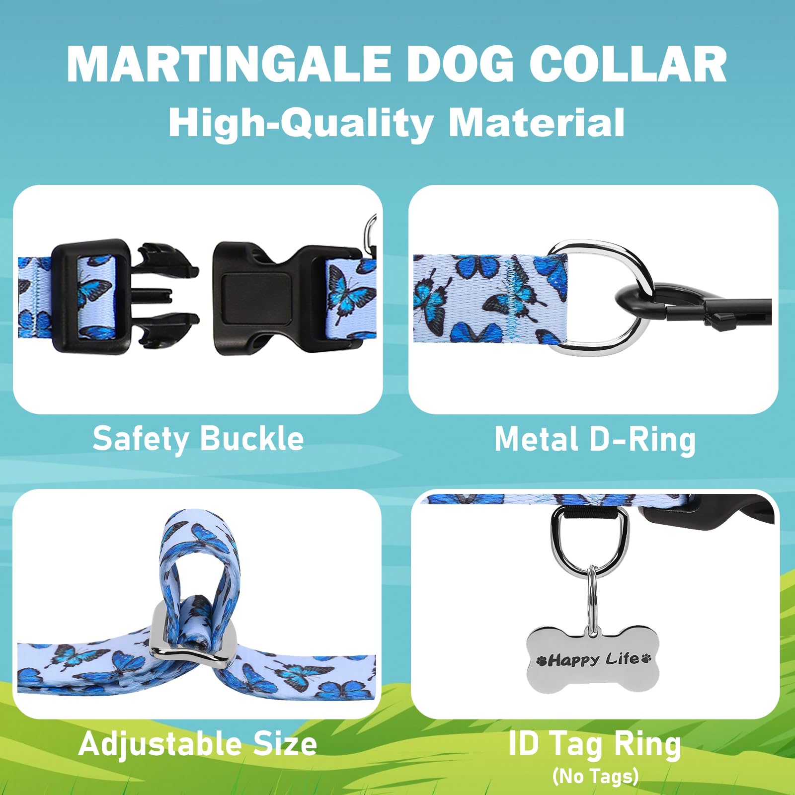 Fidohug Martingale Dog Collar With Buckle Adjustable Nylon Cute Girl No Pull Anti Escape Training Dog Collars (Blue Butterfly, M