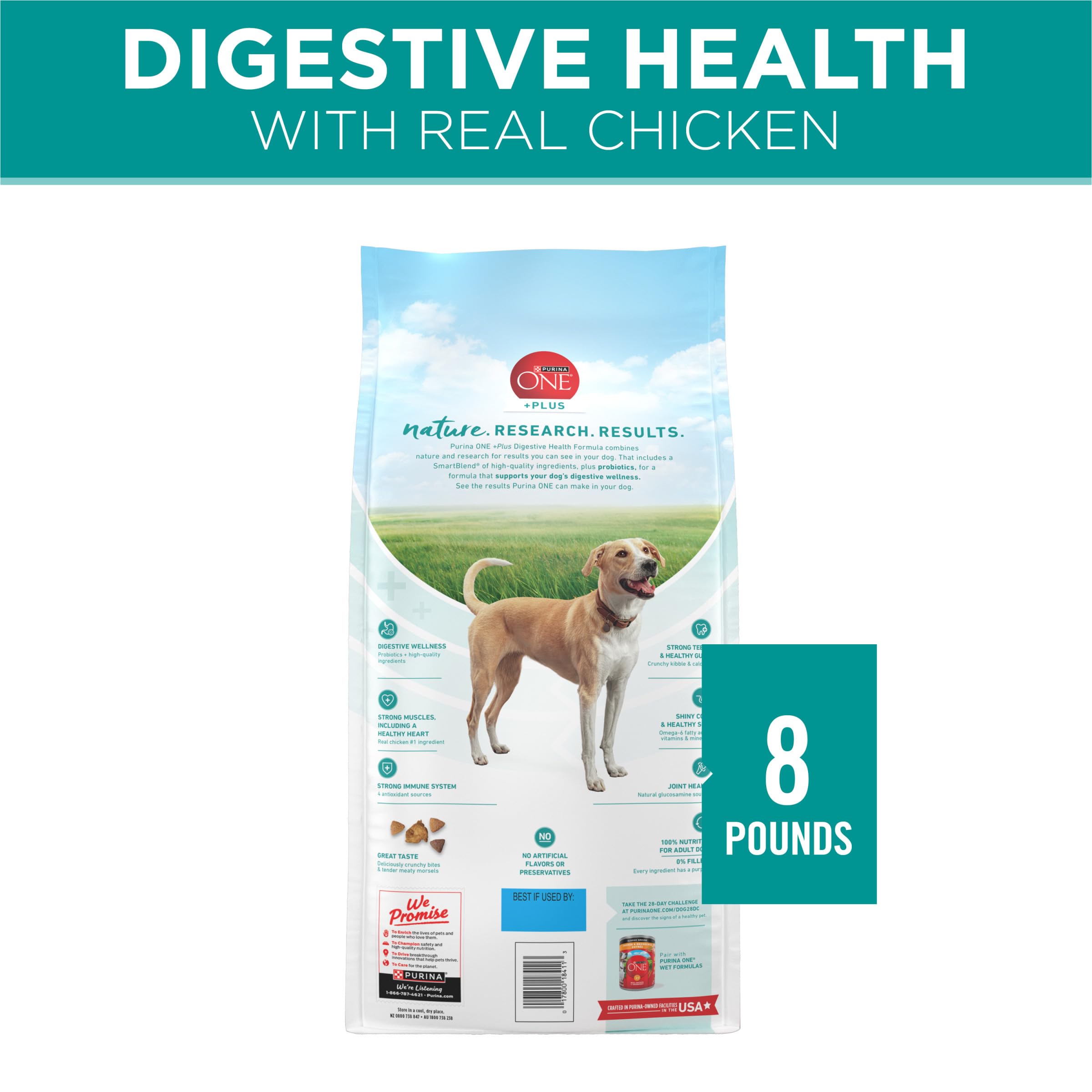 Purina One Plus Digestive Health Formula Dry Dog Food Natural with Added Vitamins, Minerals and Nutrients - (Pack of 4) 8 lb. Ba