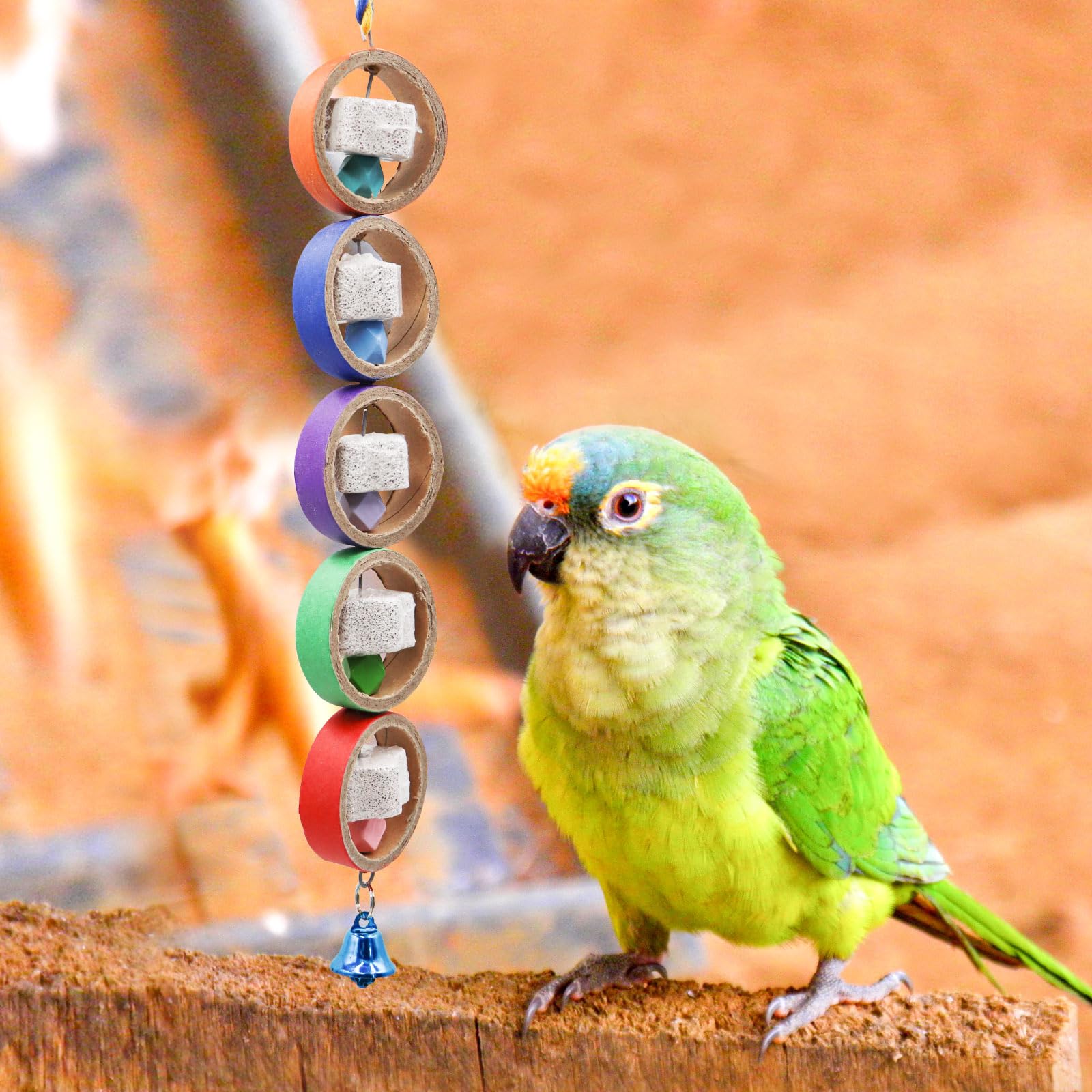 Oooct 2 Pack Bird Chewing Toys, Parrot Calcium Stone and Bagel Teeth Grinding Chew Treats Toy, Bird Shredder Toy with Bell, Cage