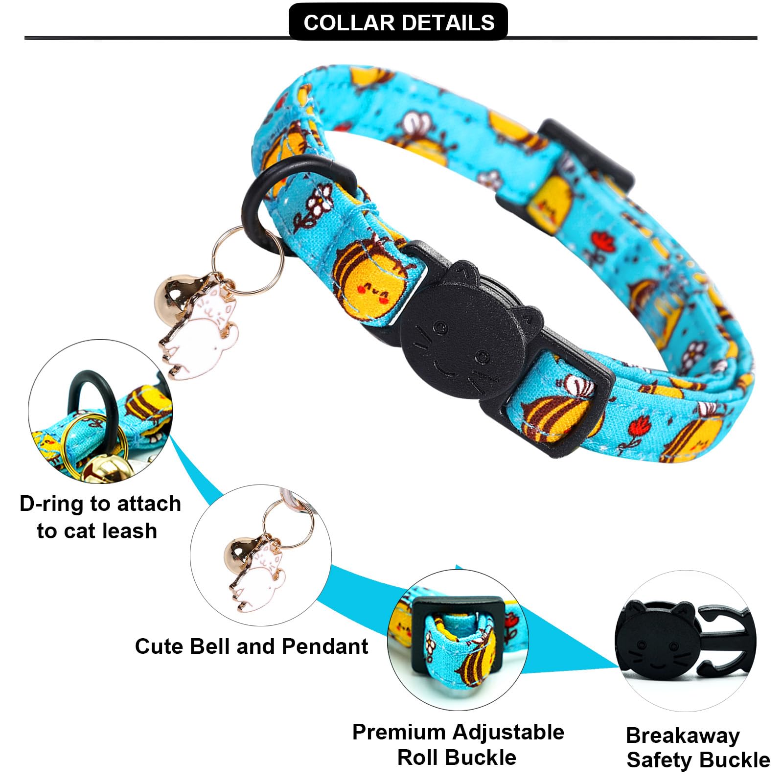 Lionheart Glory 2 Pack Cat Collar Breakaway With Bell & Pendant Dinosaurs Bees Print Kitten Collar Soft Adjustable Safety Cat Co