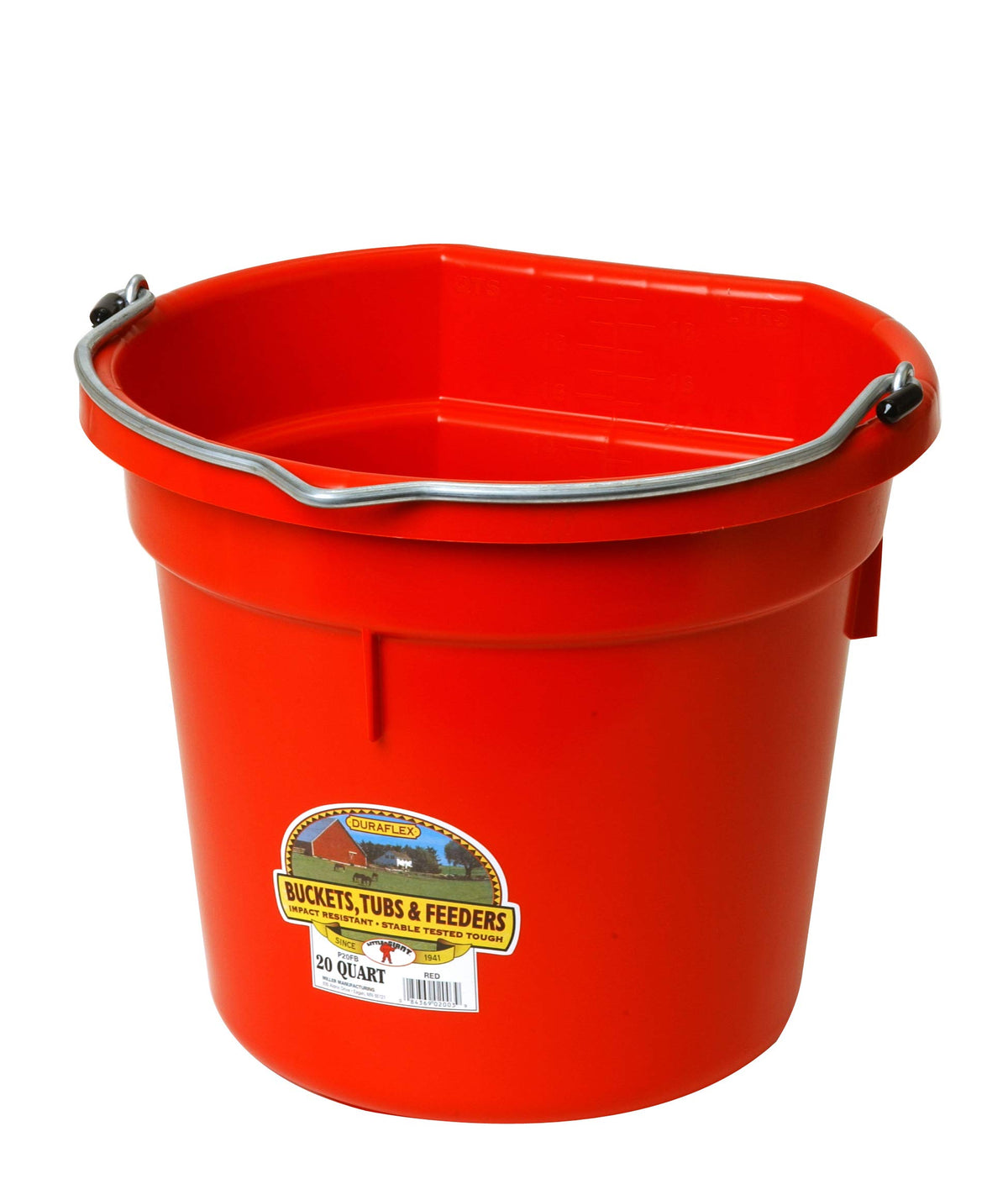 Little Giant® Flat Back Plastic Animal Feed Bucket | Animal Feed Bucket with Metal Handle | Horse Feed & Water Bucket | 20 Quarts | Red