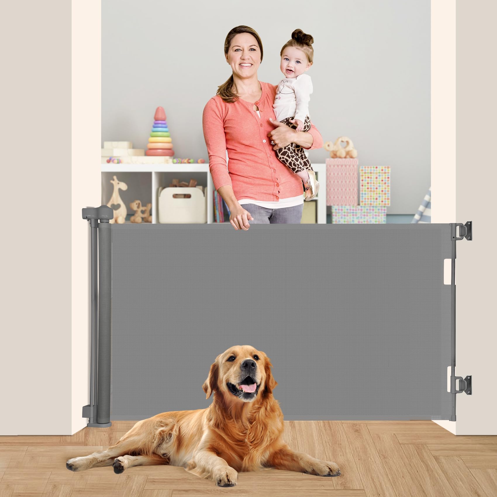 Miumoon Upgrade 59'' Retractable Baby Gates for Stairs, Retractable Dog Gate 34'' Tall, Extends to 55'' Wide, 5 Foot Retractable