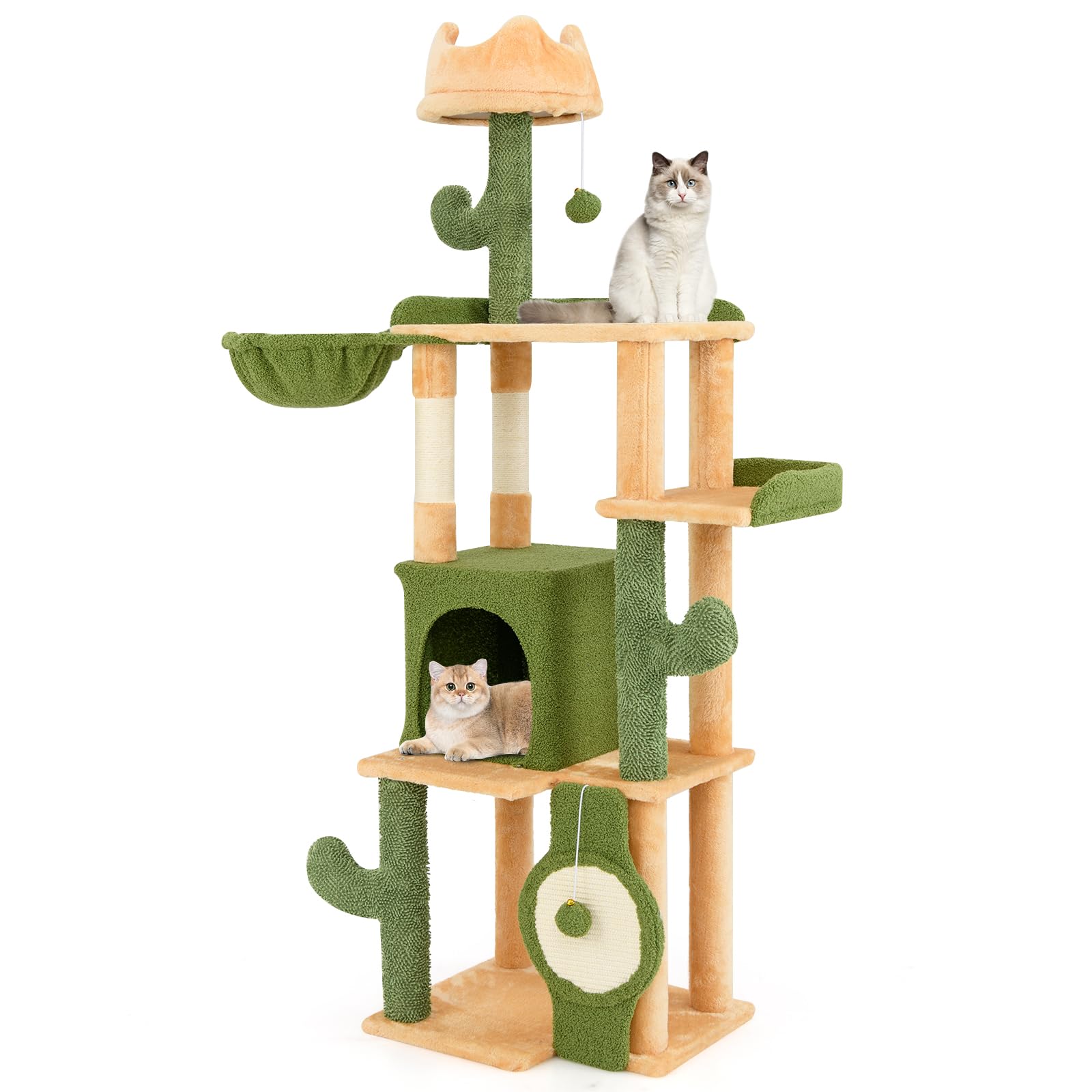 Tangkula Cactus Cat Tree, 63 Inch Multi-Level Tall Cat Tower With Sisal Scratching Posts & Board, Condo, Padded Perch, Hanging T