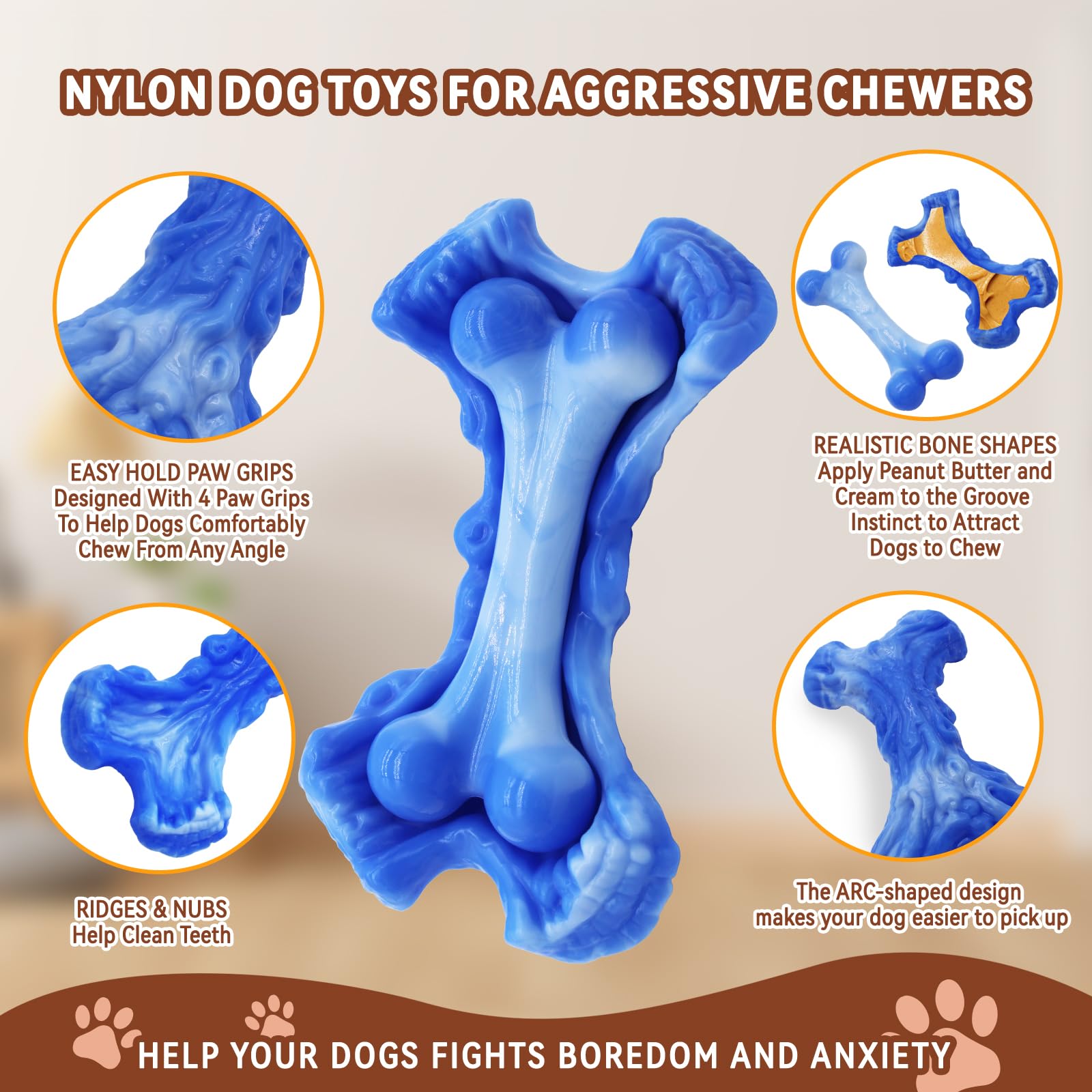 Magicorange Tough Dog Chew Toy, Nylon Bone for Aggressive Chewers, Indestructible, Blue, Model: chew24311