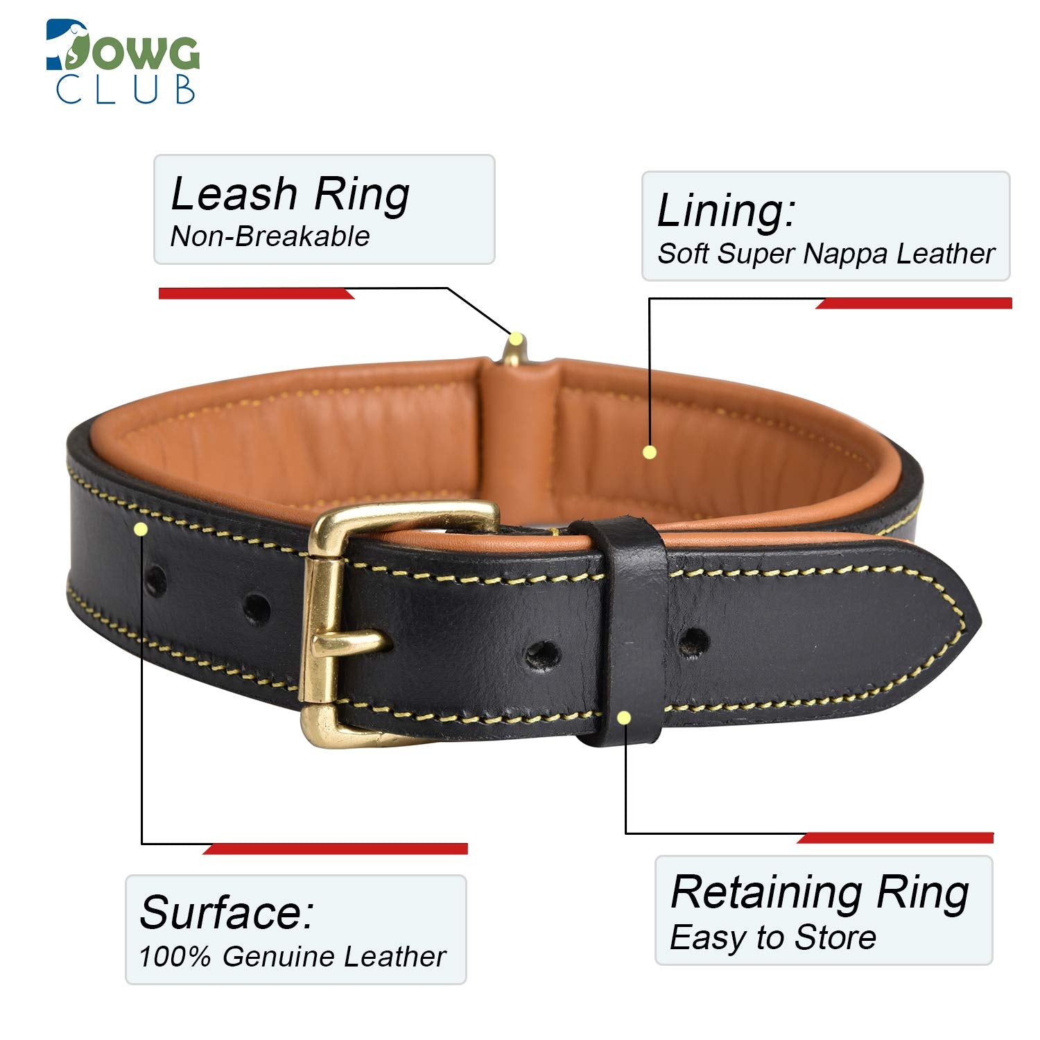 Dowgclub | Genuine Leather Dog Collar | Full Grain, Heavy Duty | Padded, Comfortable, Strong | Best For Pups, Small, Medium, Large, X- Large Dog Breeds, (Medium (Fit Neck Size 14.5'-18.5'), Black)