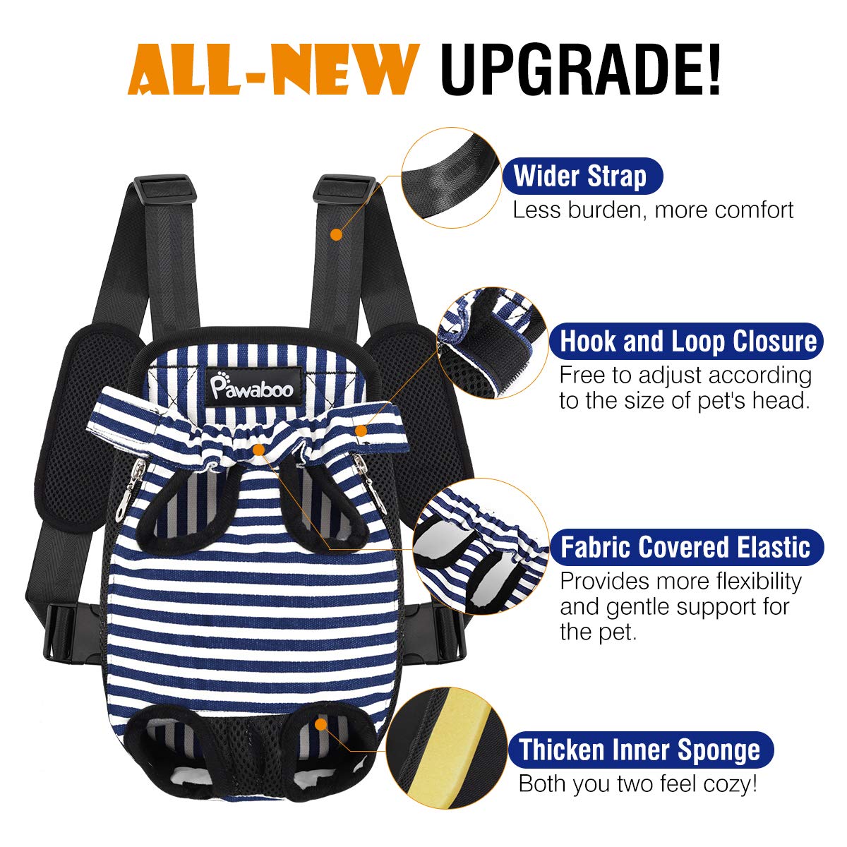 Pawaboo Pet Carrier Backpack, Adjustable Pet Front Cat Dog Carrier Backpack Travel Bag, Legs Out, Easy-Fit For Traveling Hiking Camping For Small Medium Dogs Cats Puppies, Medium, Blue & White Stripes