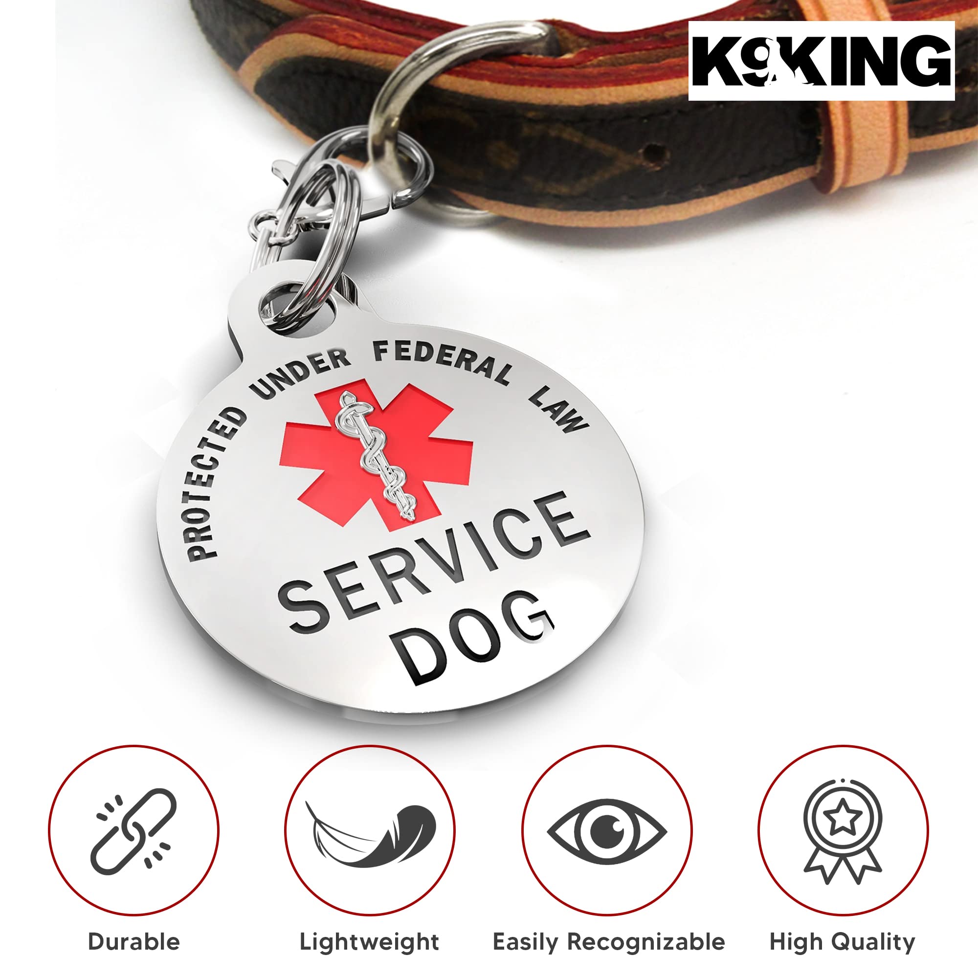 Service Dog Tag Double Sided With Federal Protection & Red Medical Alert Symbol | 1.25 Inch Durable Pet Id Tags | Easily Attach