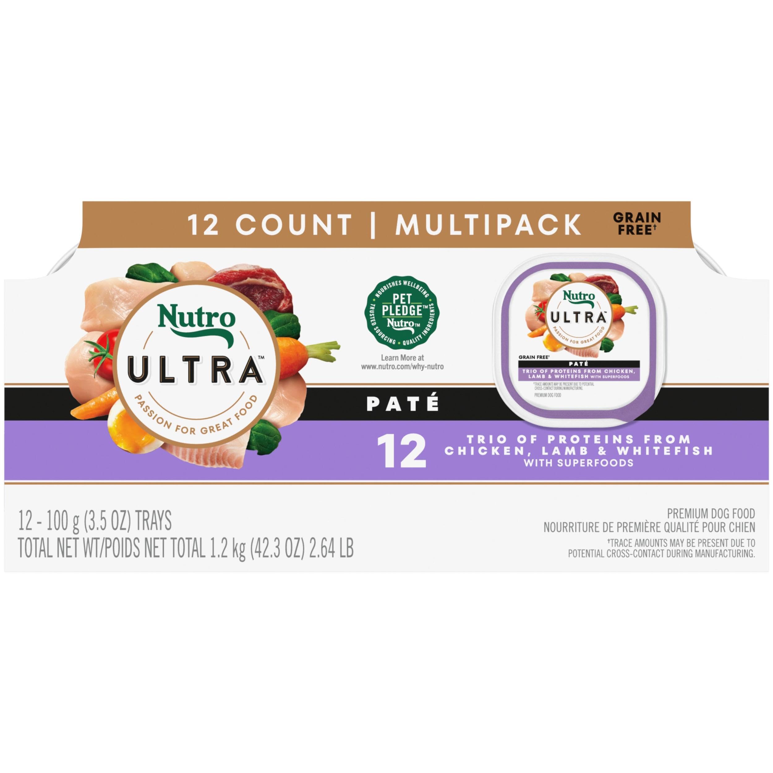 Nutro Ultra Wet Dog Food Adult Pate Trio of Proteins Chicken, Lamb & Whitefish, 3.5 oz. Trays (12 Count, Pack of 1)