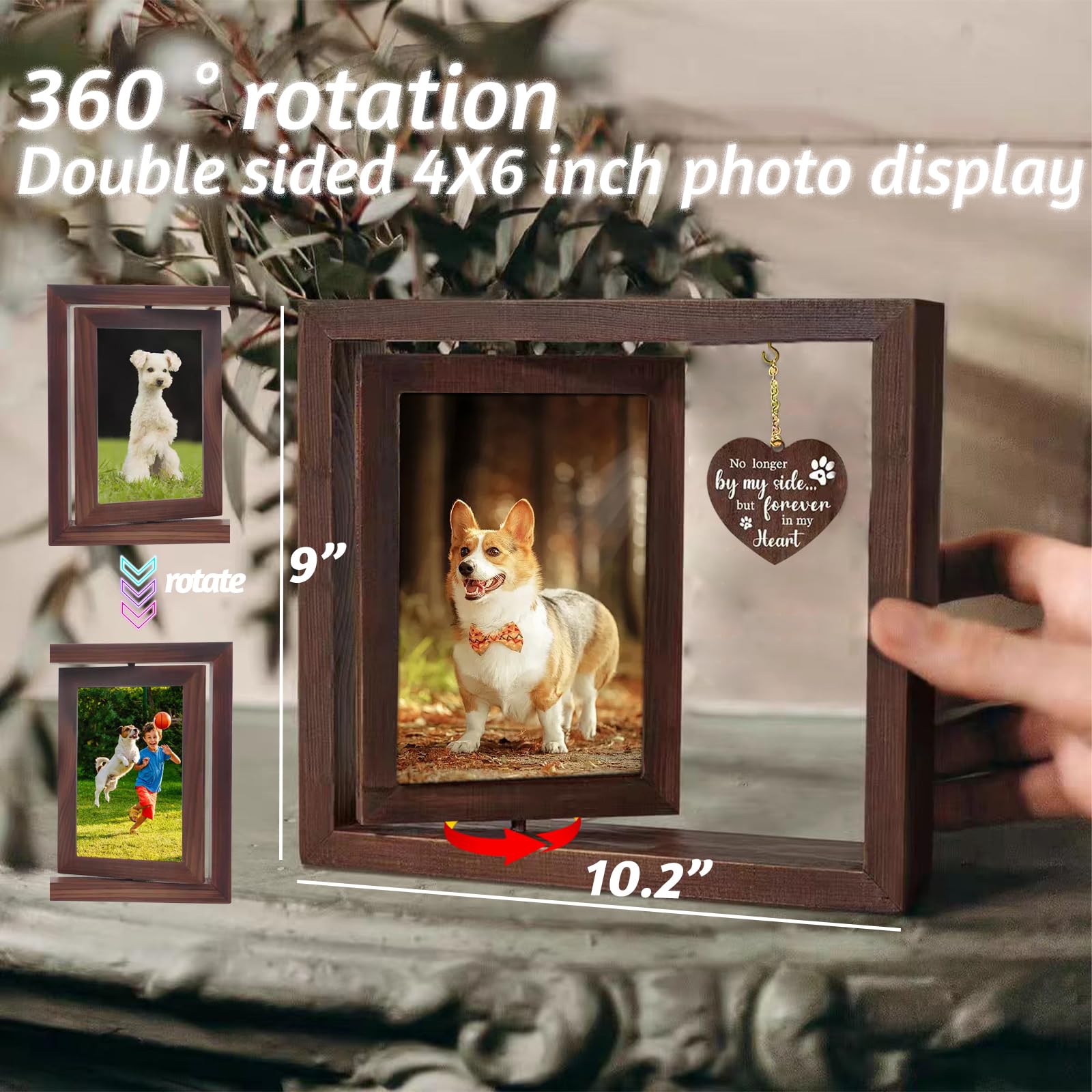 Bigladious Dog Memorial Gifts Picture Frame, Pet Memorial Gifts For Loss, Rotating Wooden Picture Frame For 4X6 Inches Photos, S