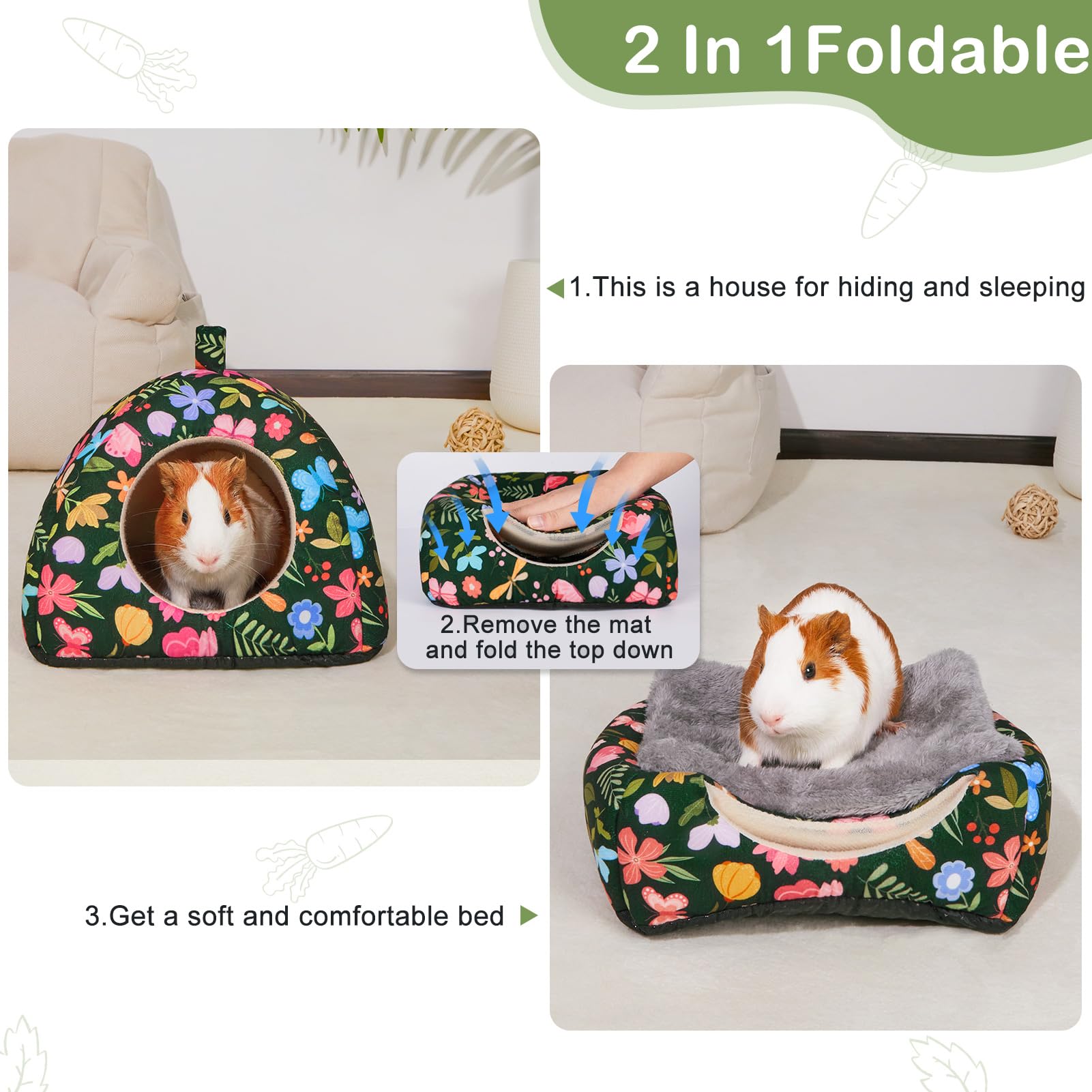 Glittme Guinea Pig Hideout 2Pack Guinea Pig Bed With Soft Pads Washable Small Animal Bed With Non-Slip Bottom Rabbit Hideout For