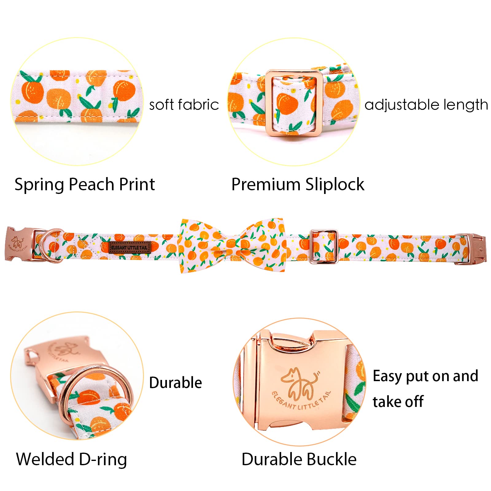 Elegant little tail Dog Collar, Dog Collar with Bowtie, Peach Cute Pink Pet Collar Bow Dog Collars Adjustable Dog Collar for X-S