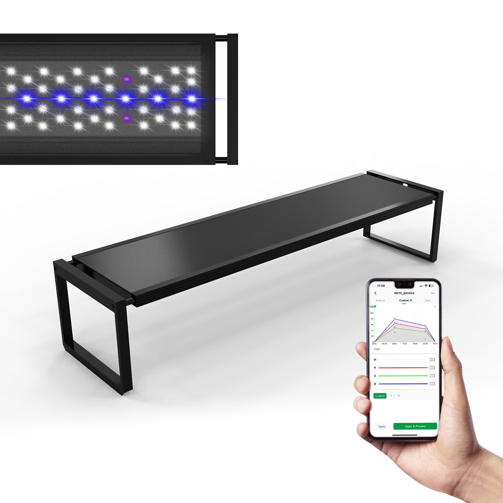 MagTool Brite Series Auto Aquarium LED Light with App-Controlled RGB+W LEDs, ADA Style Extendable Bracket, Supports Custom Sunri