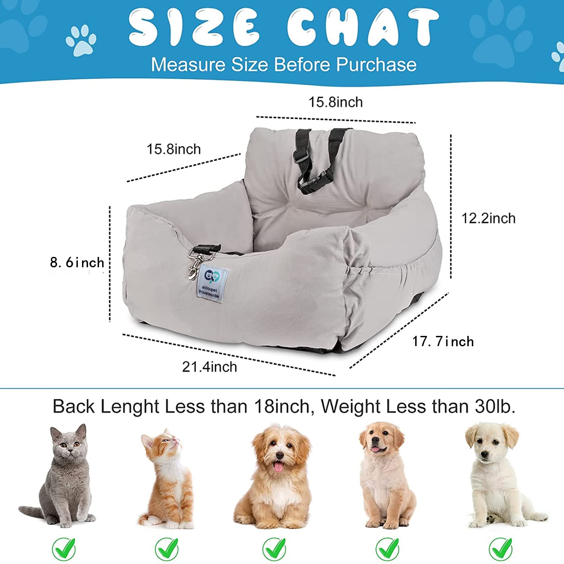 Aidou Dog Booster Seat for Small to Large Dogs & Cats, Pet Travel Safety Seat with Storage & Dual-use Car & Home Bed (Small Grey