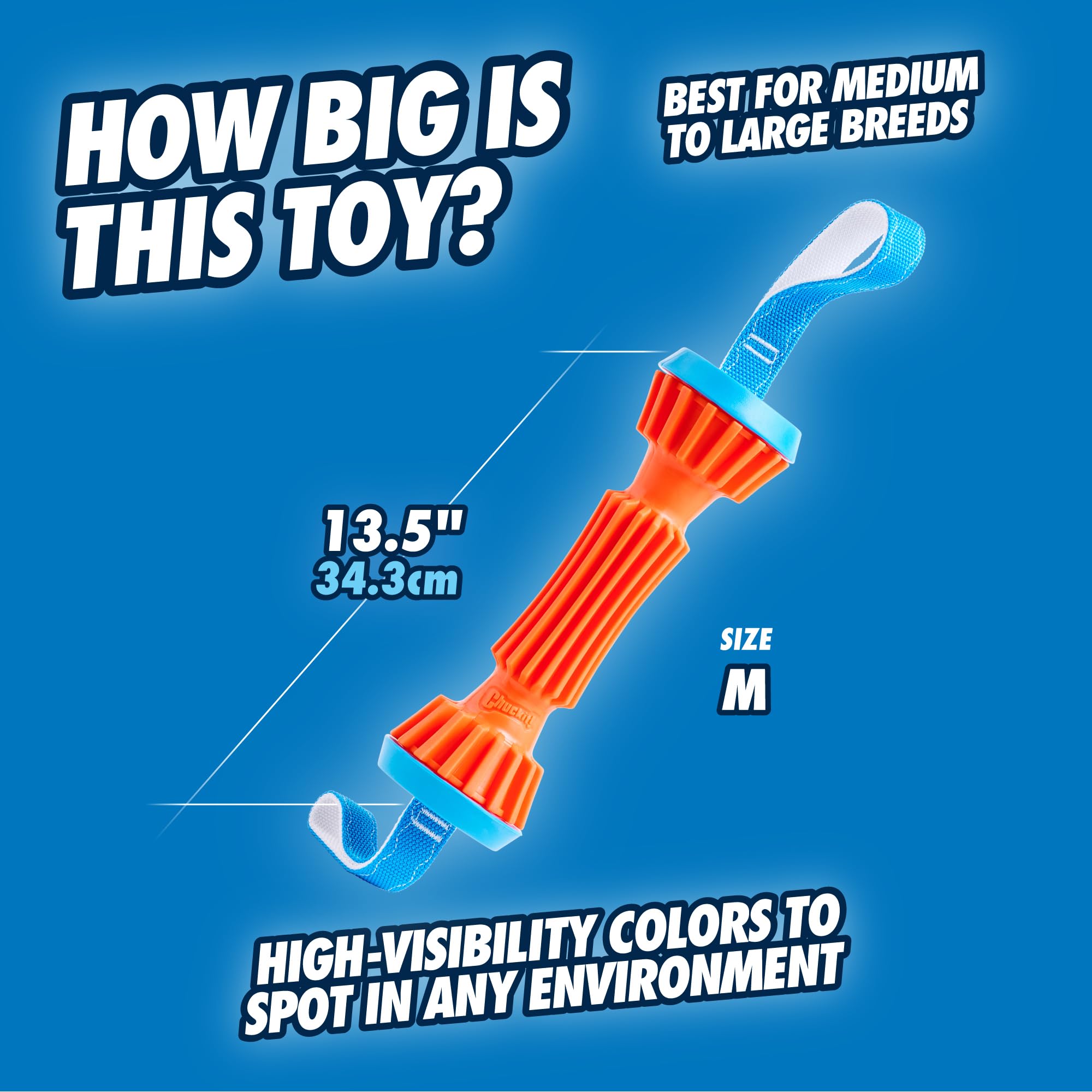 Chuckit! Rugged Bumper Dog Toy - Durable Fetch Stick With Tpr Ridges For Easy Grip - Tug-Of-War Toy For Medium And Large Dogs - Floats In Water - Size Medium - 13.5-Inch Length - Orange And Blue