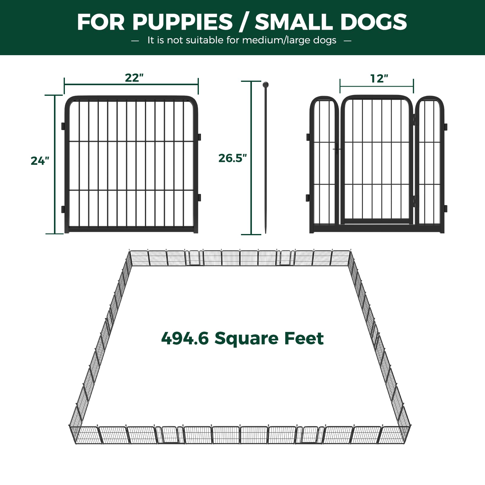 FXW Rollick Dog Playpen, 24 inch, 48 Panels, Metal, Black - Ideal for Puppies and Small Dogs, Great for Yard and RV Camping