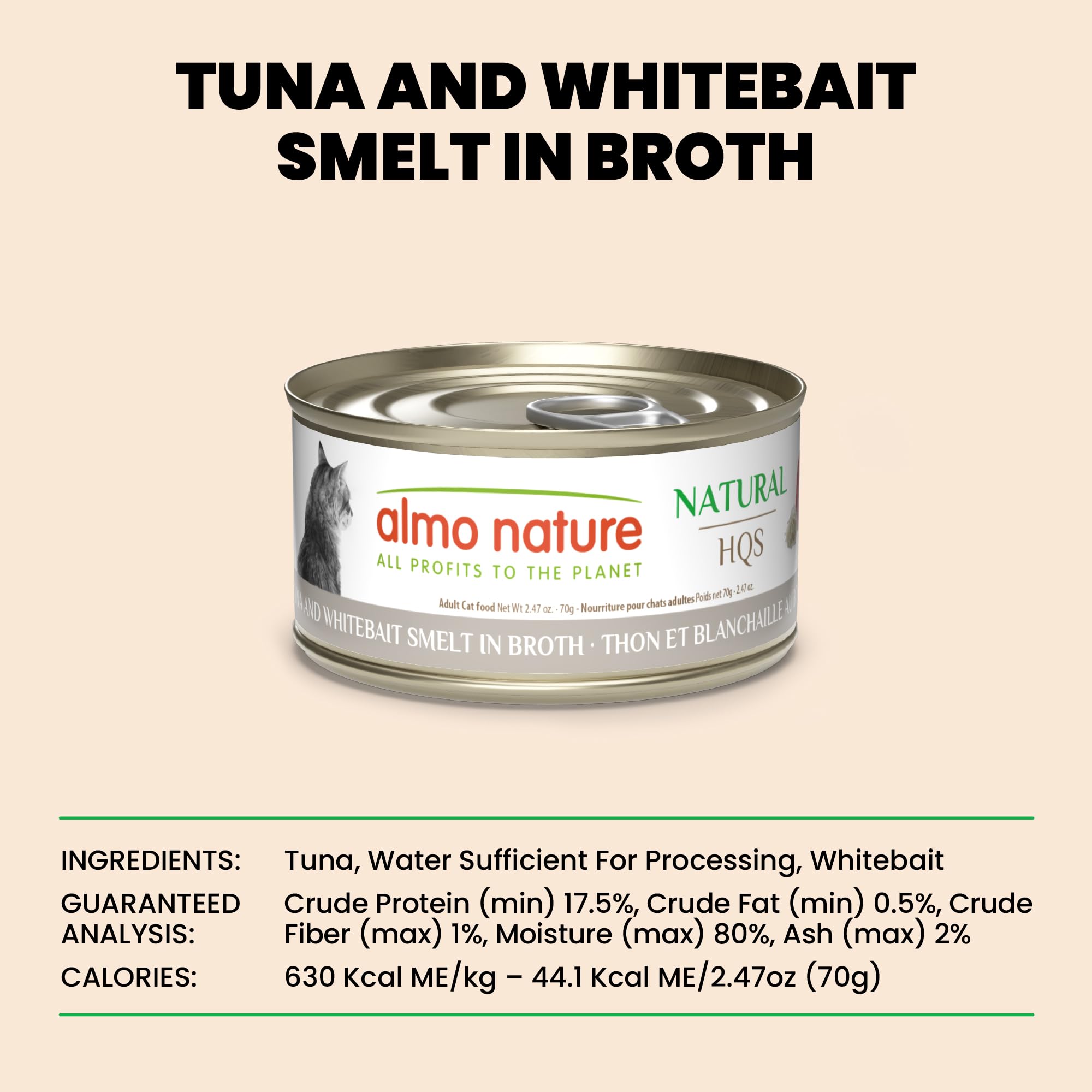 almo nature HQS Natural Wet Cat Food Tuna and Whitebait Smelt in Broth, Grain-Free, 2.47 oz (Pack of 24)