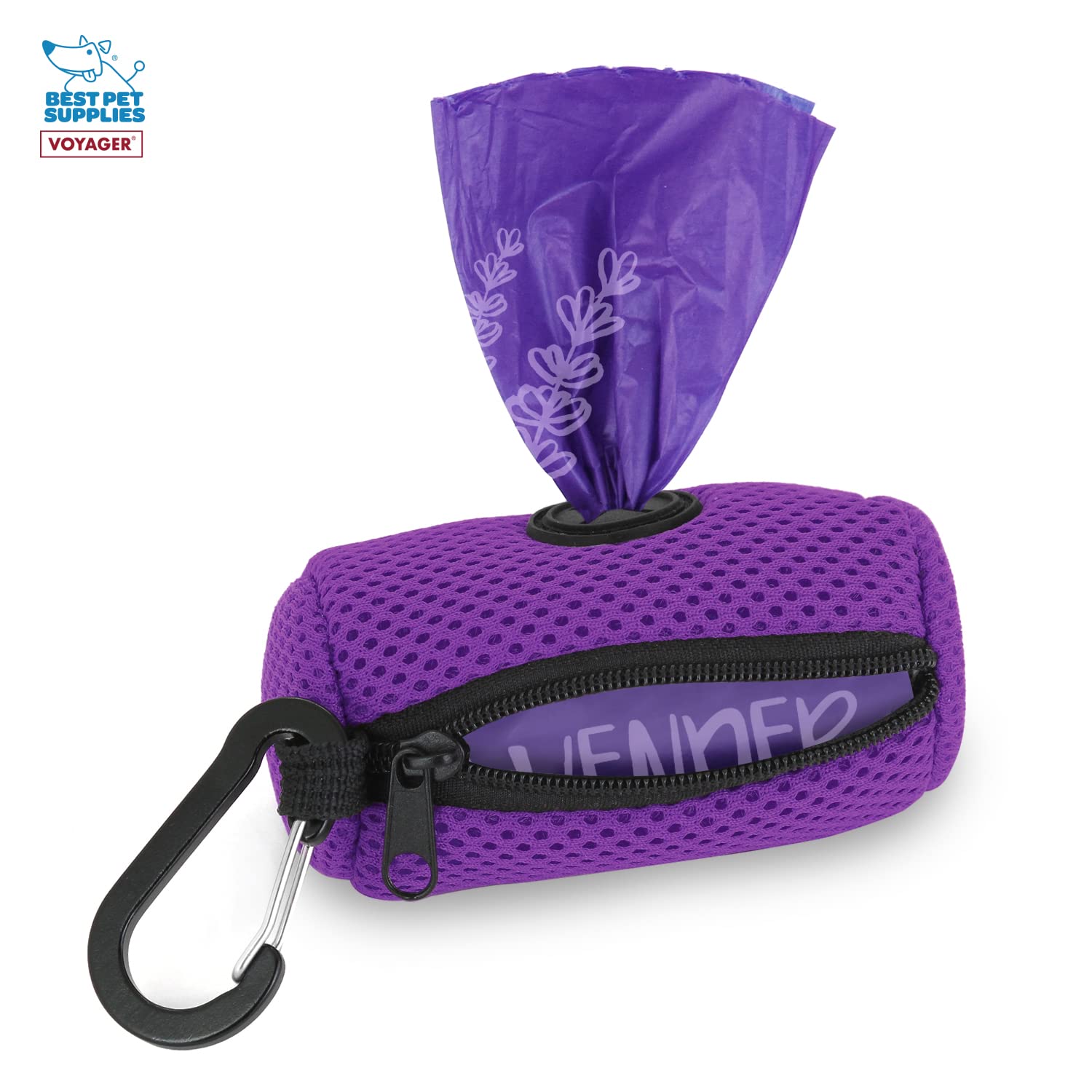Best Pet Supplies Dog Poop Bag Holder Leash Attachment With 15 Bags, Purple, Reusable Mesh Dispenser Pouch For Travel, Walking,