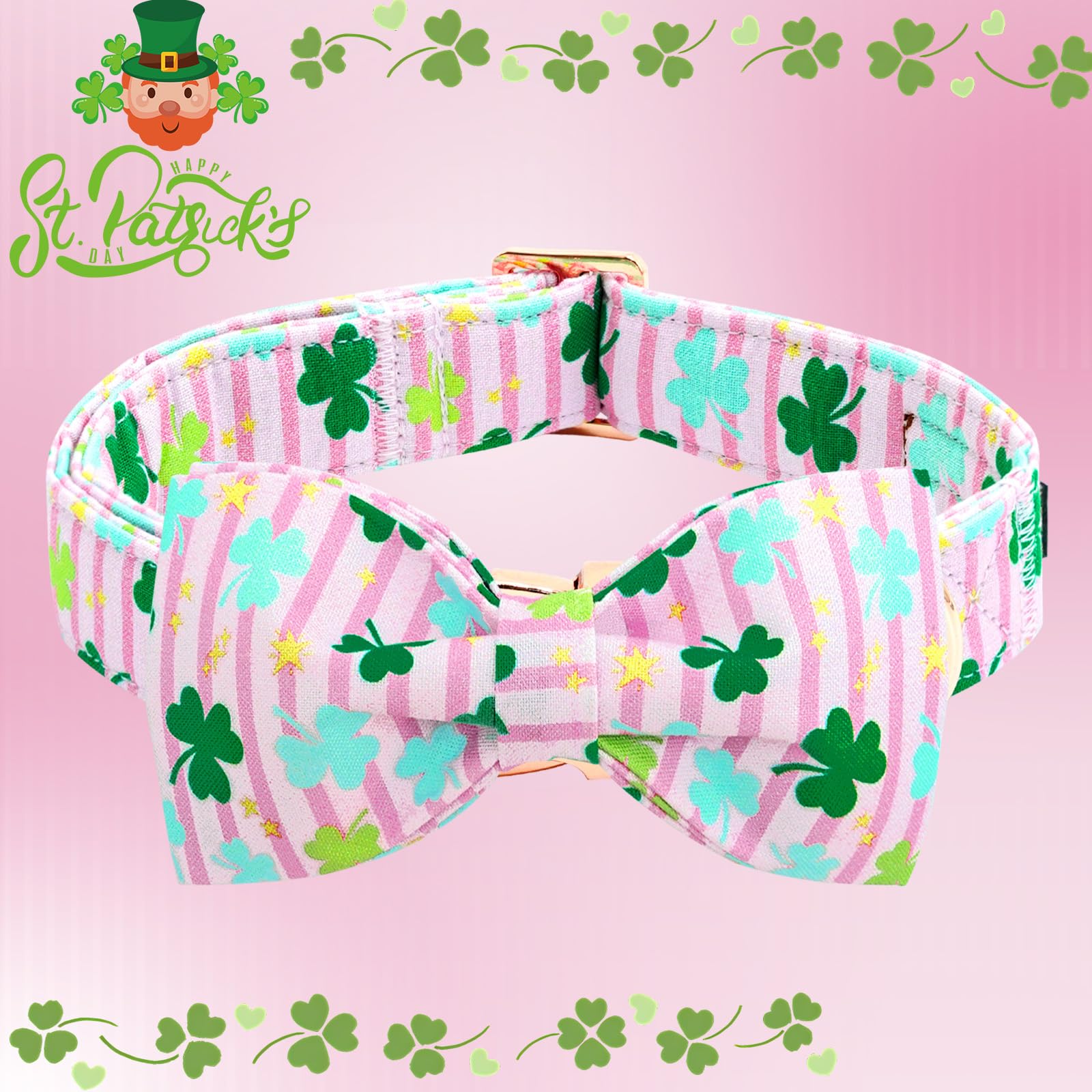Lionheart Glory St. Patrick'S Day Dog Collar - Shamrock Dog Bow Collar With Bowtie For Small Dogs, Pink And Trefoil Pattern, Hea