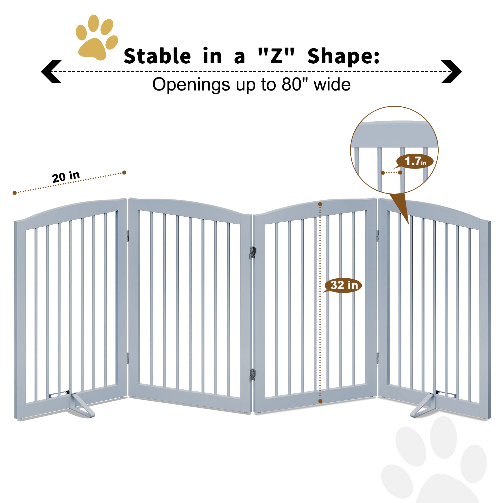 Pupetpo Freestanding Pet Gate For Dogs, Indoor Wooden Dog Gate For House, Foldable Dog Gate For Doorway, Stair,Hall, Step Over Pet Puppy Safety Fence Tall, 80 Inch Wide, 4 Panels 32',Grey