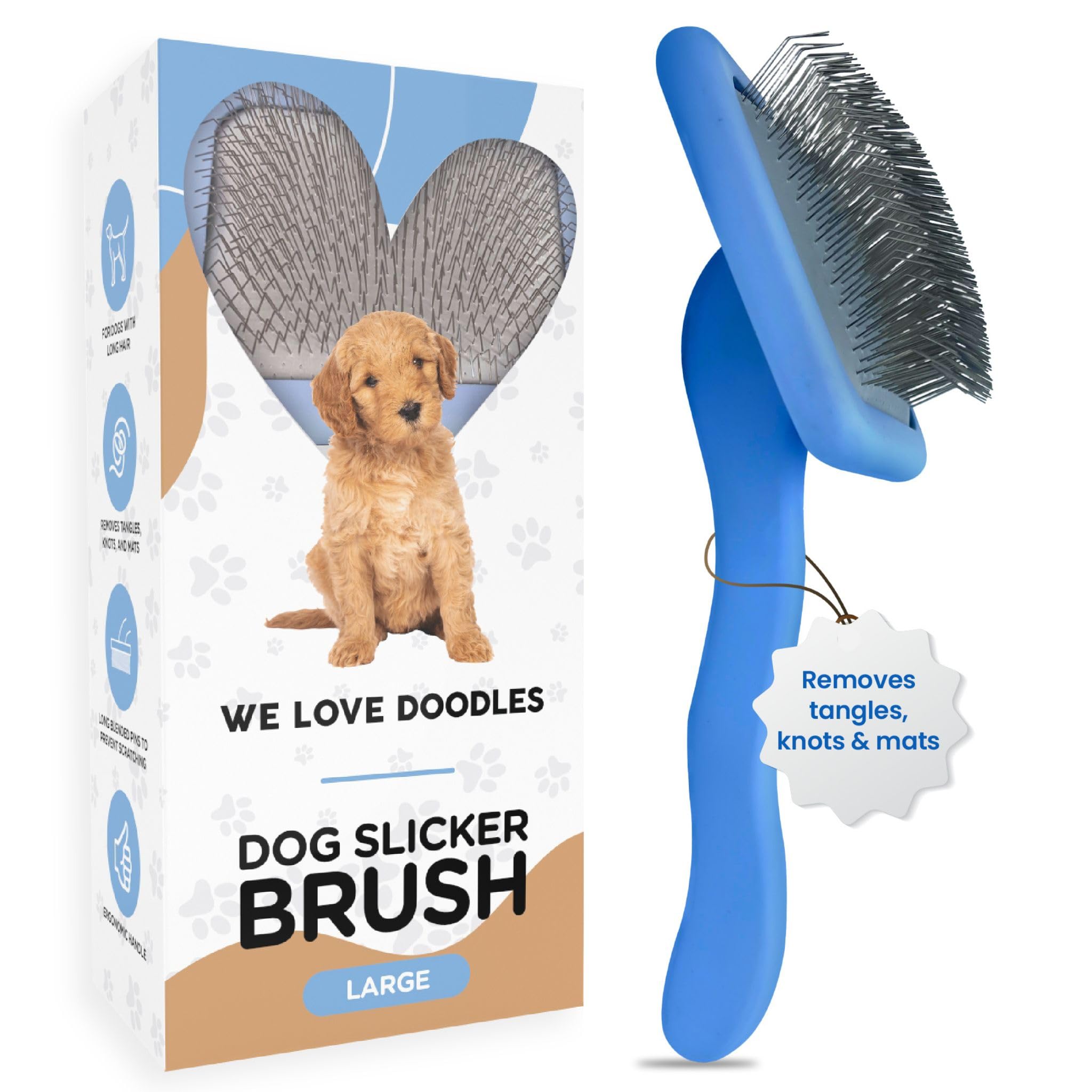 We Love Doodles Dog Slicker Brush For Grooming Pet Hair - Best Brushes For Poodle & Golden Doodle - Long Haired Brush For Dogs - Goldendoodle Long Pin Brush For Dematting (Large)