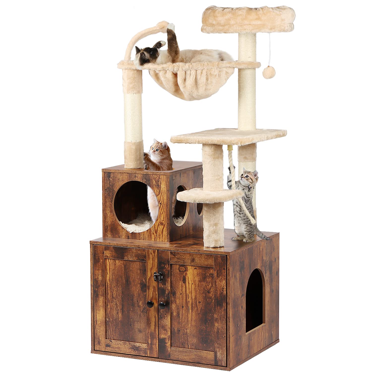 Timberer Cat Tree With Litter Box Enclosure, 2-In-1 Cat Tower For Indoor Cats, Large Wood Cat Condo With Basket, Scratching Post