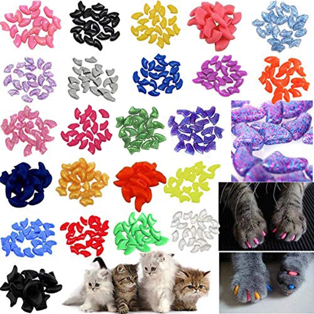 Joyjuly 140Pcs Cat Nail Caps Kitten Caps 4 Glitter Colors + 10 Colorful Cat Nails Caps Covers + 7 Adhesive Glue + 7 Applicator With Instruction