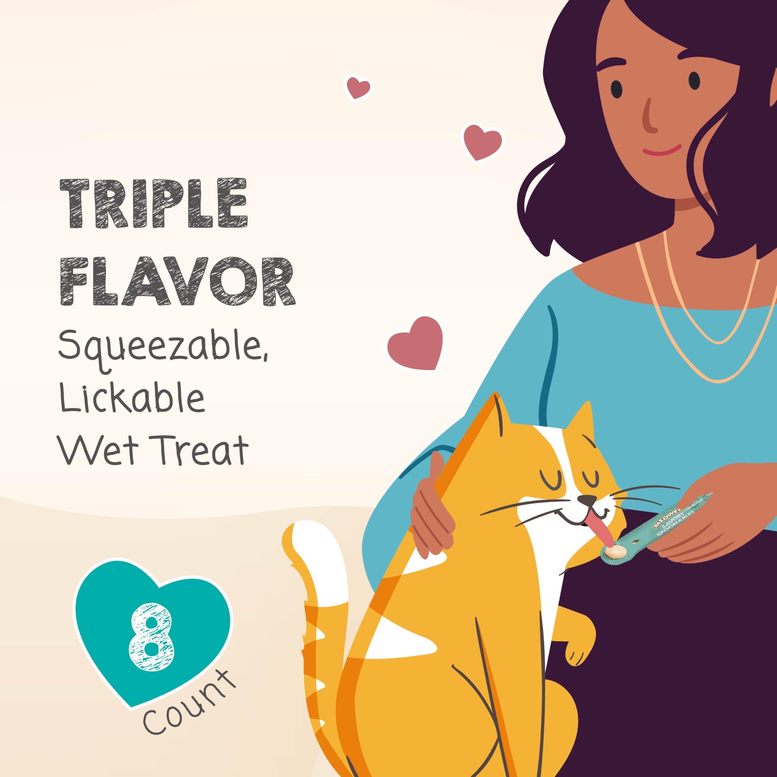 MEOWEE! Savory Spoonables with Real Duck, Beef and Rabbit for Cats, 8 Count, Treat Your Cat to Triple Flavor Squeezable Lickable
