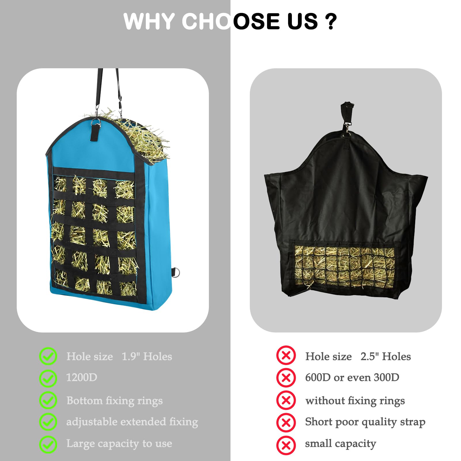 HDYEGY 2 Pack Hay Bag for Horse,Heavy Duty 1200D Oxford Slow Feeder Hay Bag with Front Hay Nets Design Horse Feeding Bag with La