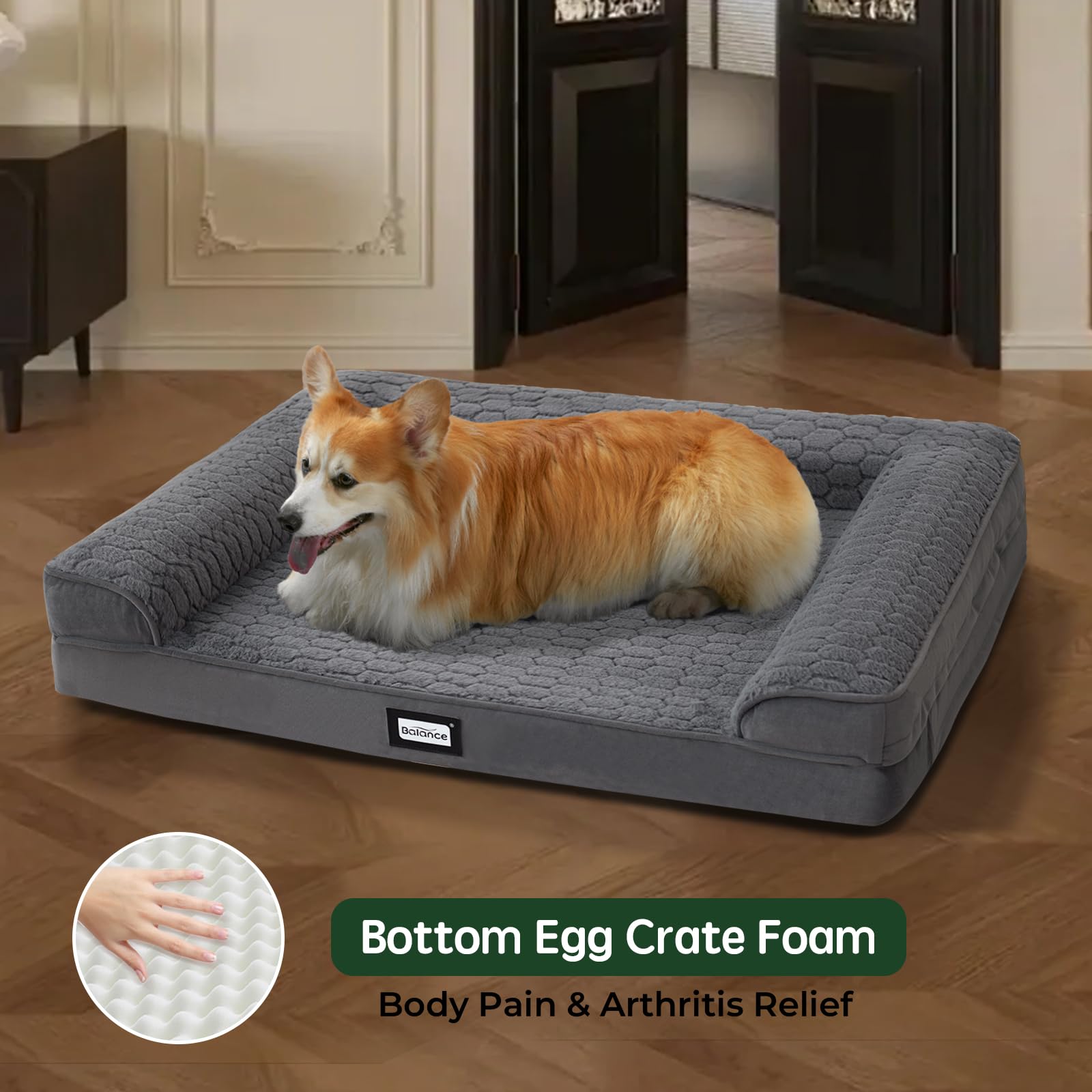 Balance Orthopedic Dog Bed For Large Dogs, Comfortable Dog Sofa Beds With Removable Washable Cover & Waterproof Lining, Egg Crat