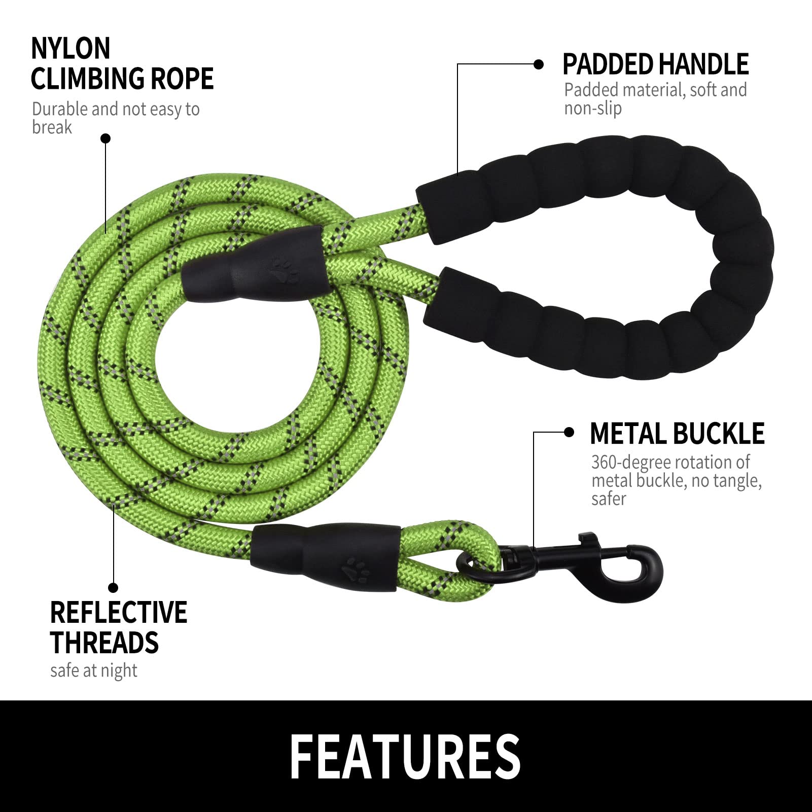 Panykoo 5/6 Ft Strong Pet Dog Leash With Soft Padded Handle,Highly Reflective Rope For Night Walking,360-Degree Rotating Metal B