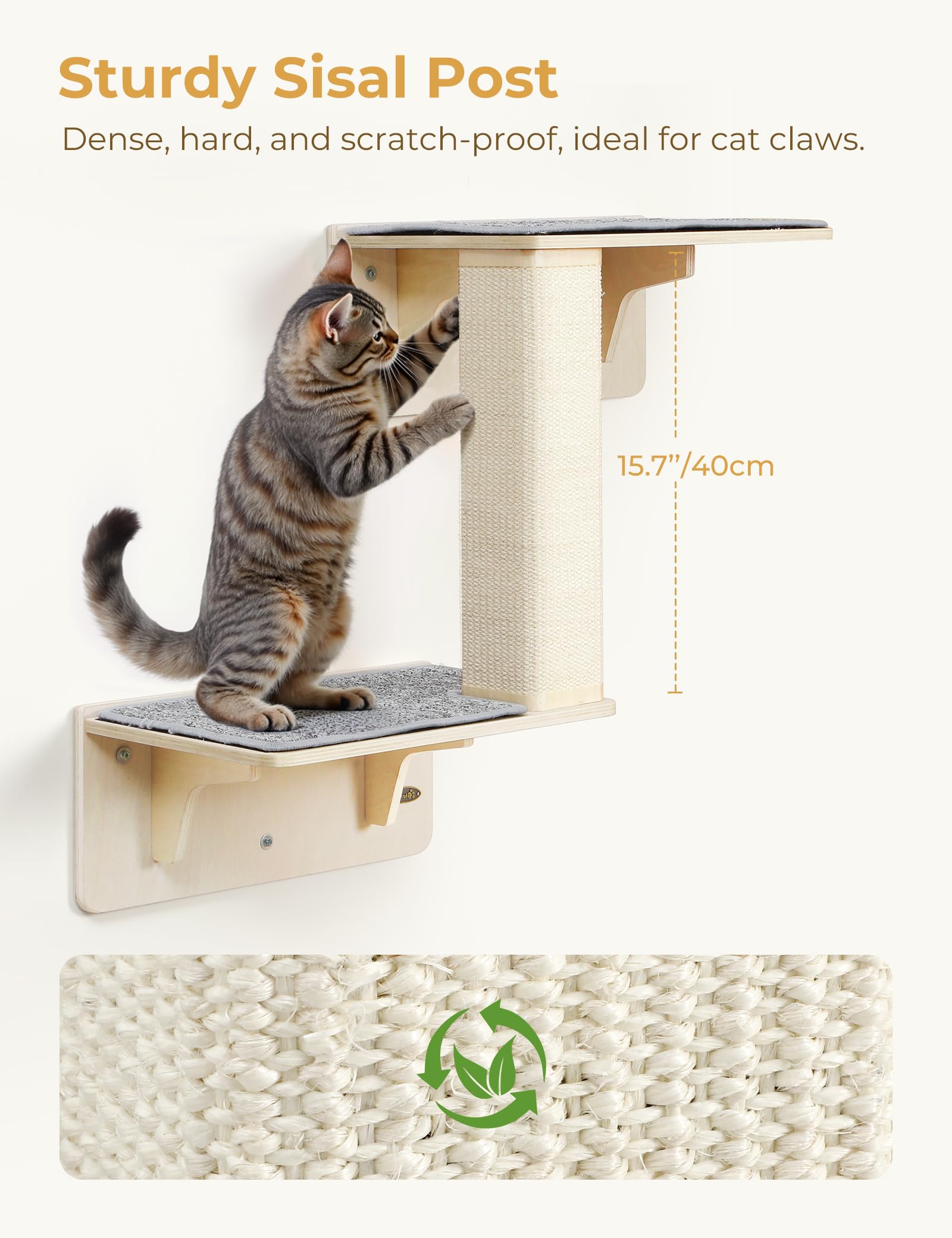 Pecute Double Cat Shelves With Scratching Post For Wall And Window With Solid Wood Frame, Washable & Removable Cover, Space-Savi