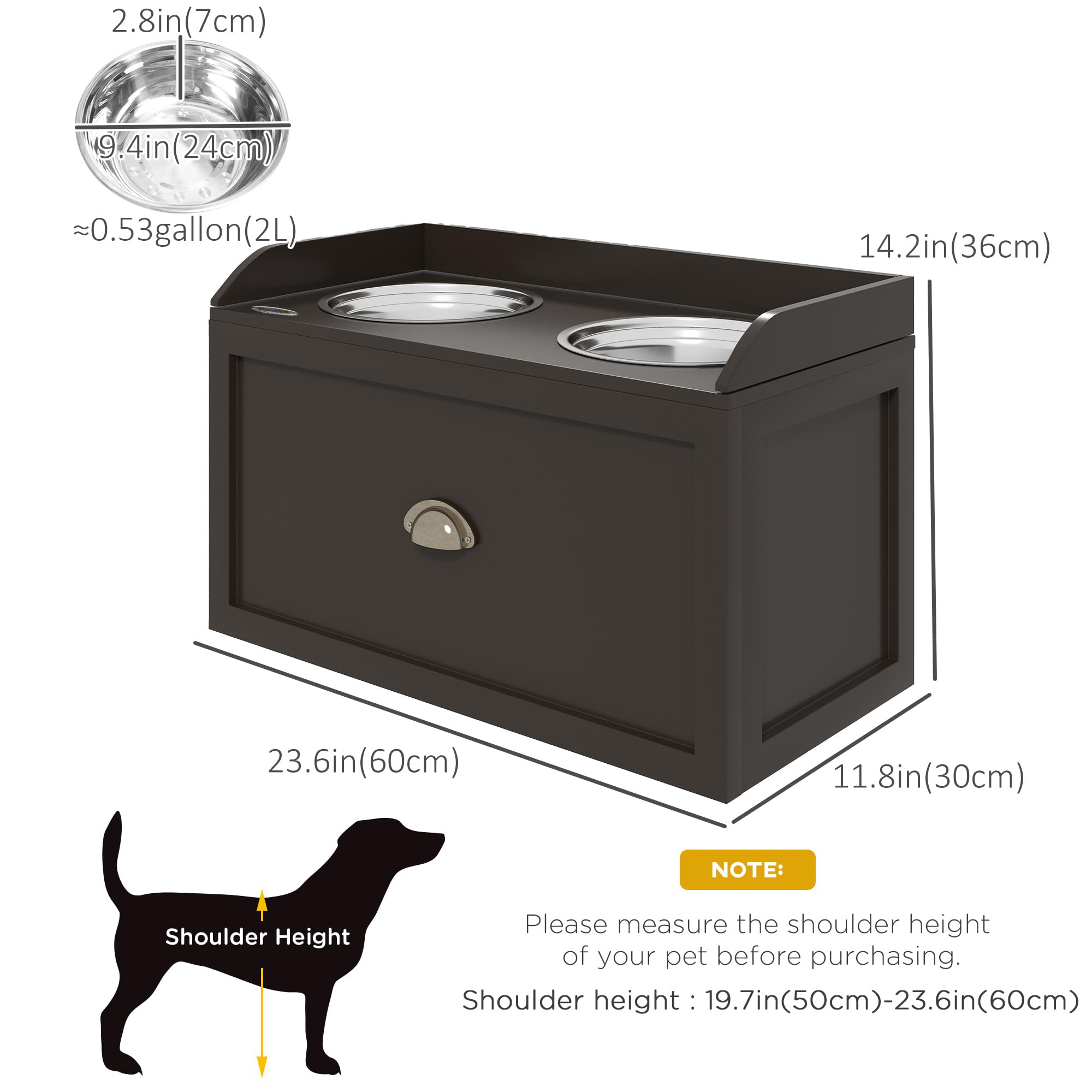 PawHut Dog Feeding Station with Storage Drawer, Dog Food Storage Cabinet with 2 Removable Elevated Dog Bowls for Large Sized Dog