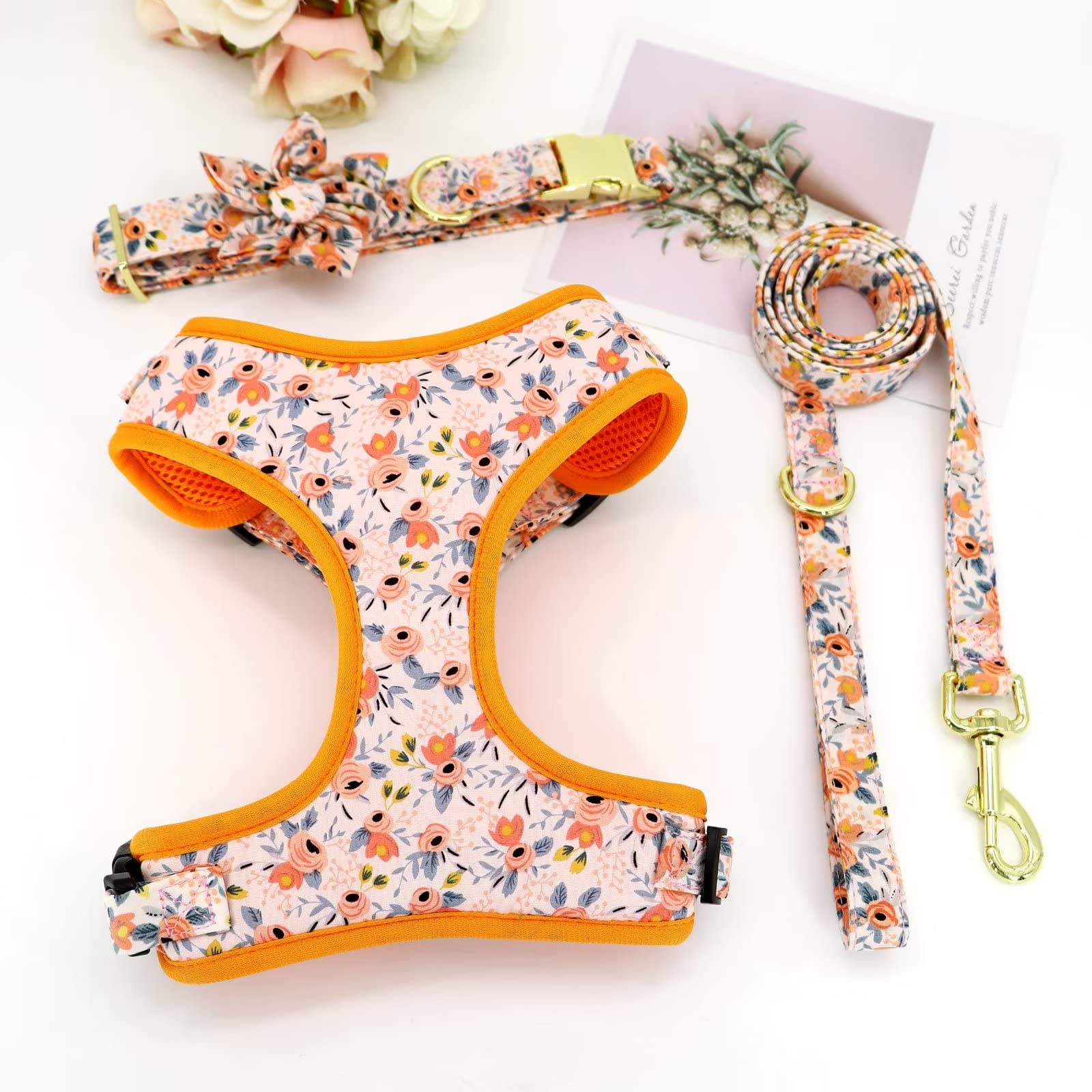 Beirui Cute Girl Dog Collars, Harnesses & Leashes Set - Adjustable Dog Collar And Leash Set With Flower - Soft Mesh Dog Vest Harness For Puppies Small Medium Dogs (Orange,Xs)