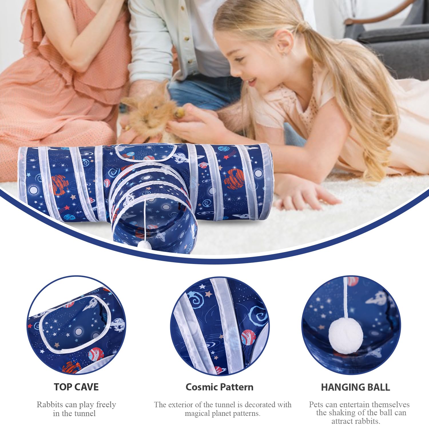 HERCOCCI Rabbit Toys, Collapsible Bunny Tunnels & Tubes 3 Way Rabbit Hideout Tunnel with Chew Toy for Bunny Guinea Pig Ferret Ki