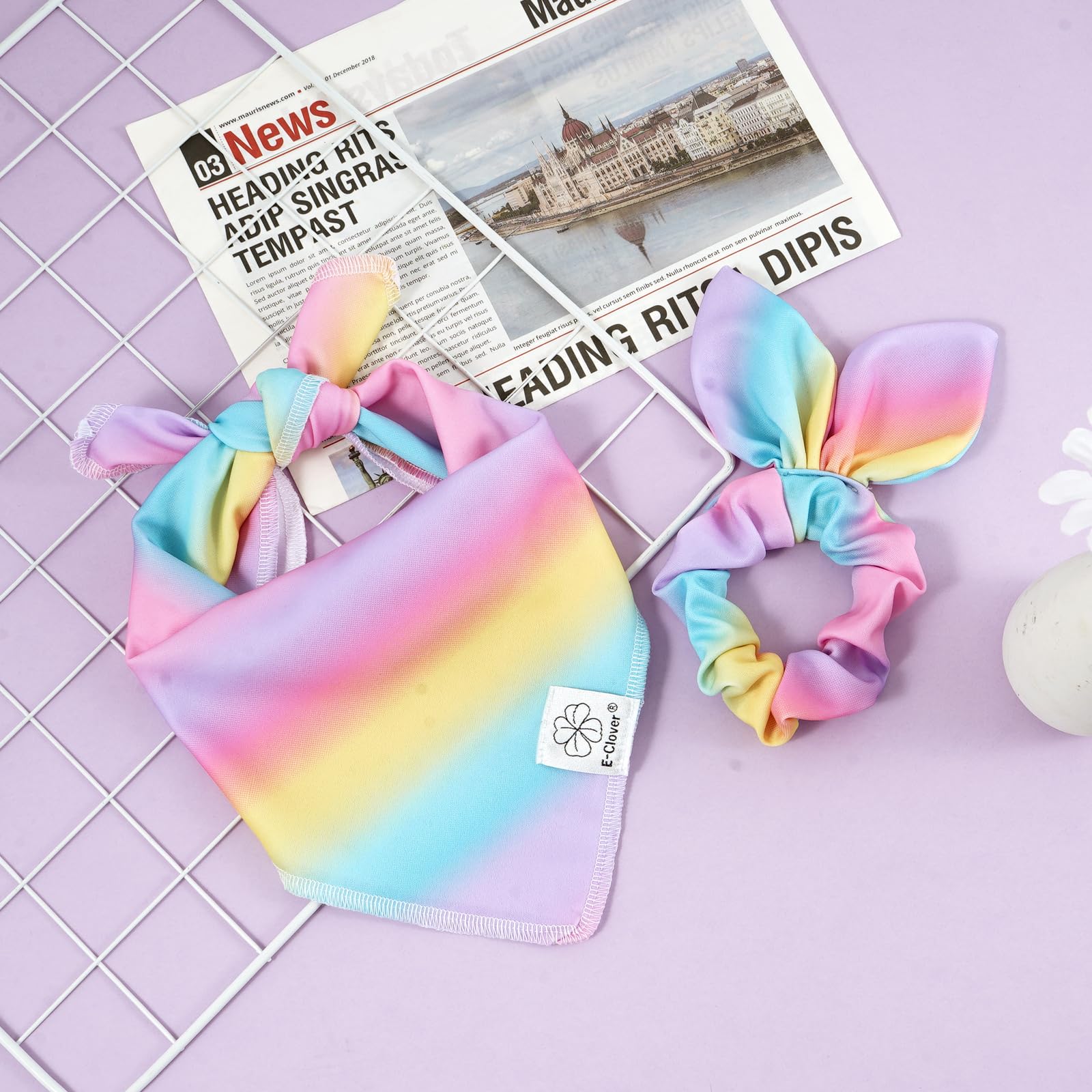 E-Clover Rainbow Dog Bandana & Matching Scrunchie Pink Purple Yellow Pet Dog Scarf Cute Dog Costumes Accessories For Small Mediu