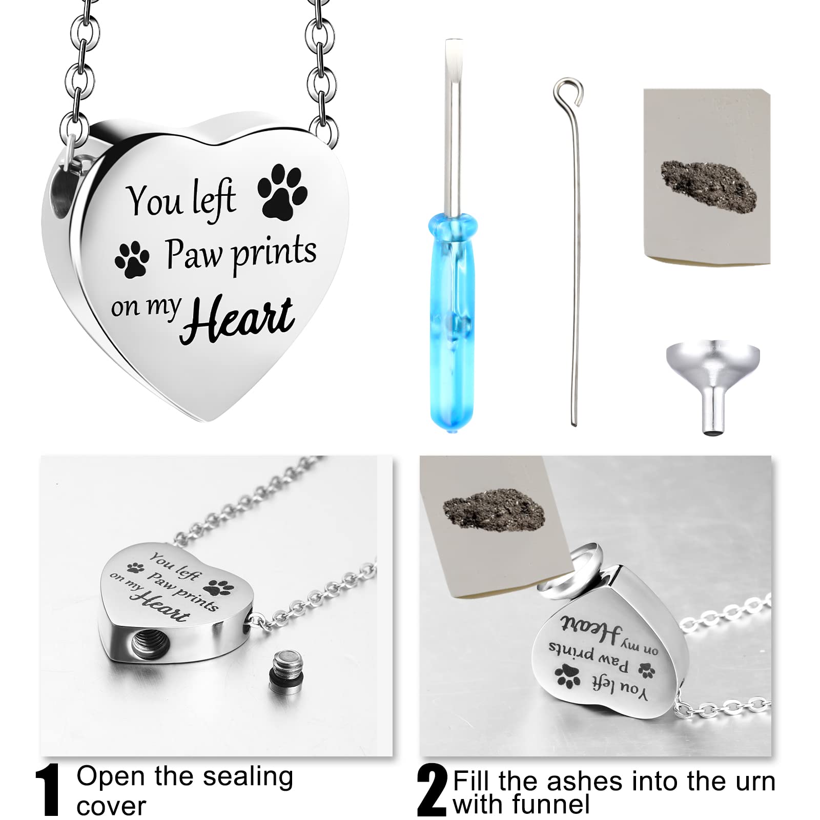 Yinkin 2 Pcs Pet Cremation Jewelry For Ashes Urn Necklace With Paw Print Heart, Pet Dog Necklace Stainless Steel Pendant Black And Silver Urn Locket With Funnel Kit For Dog Cat Ashes