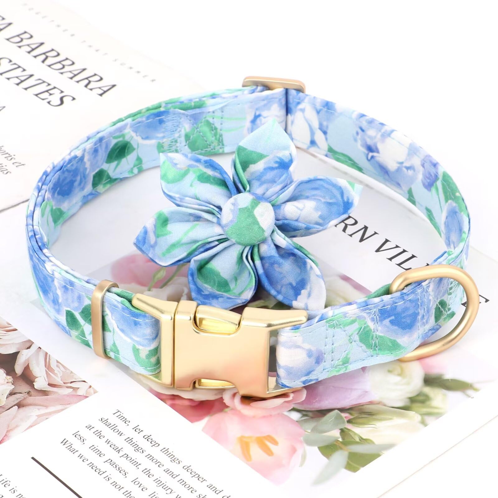 Beirui Cute Girl Dog Collars for Female Dogs, Floral Dog Collar with Spring Flower Patterns, Soft Blue Pet Collars for Small Med