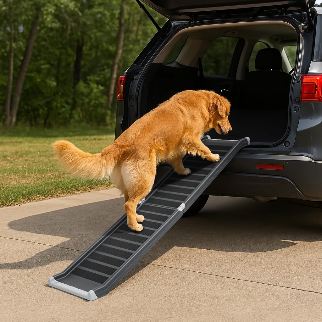 Magshion Folding Dog Ramp For Large Dogs, 63 L Portable Pet Ramp For Cars & Trucks, Non Slip, Metal Frame, Raised Siderails, E