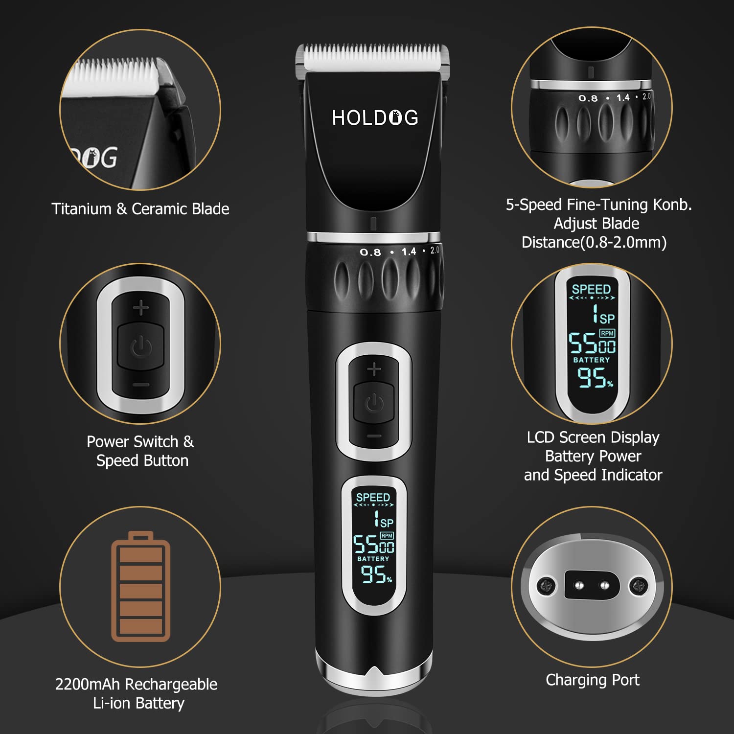 Dog Clippers Professional Heavy Duty Dog Grooming Clipper 3-Speed Low Noise High Power Rechargeable Cordless Pet Grooming Tools