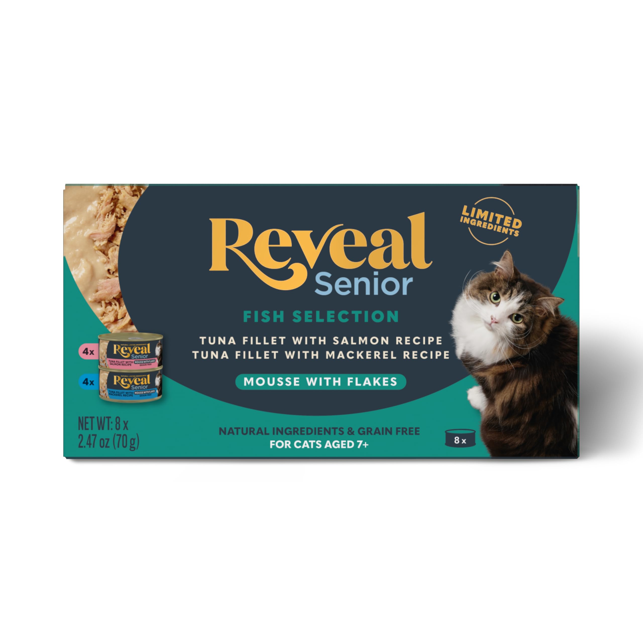 Reveal Natural Senior Cat Food, Grain Free Wet Senior Cat Food, Limited Ingredient Food for Senior Cats, Fish Variety, Mousse wi
